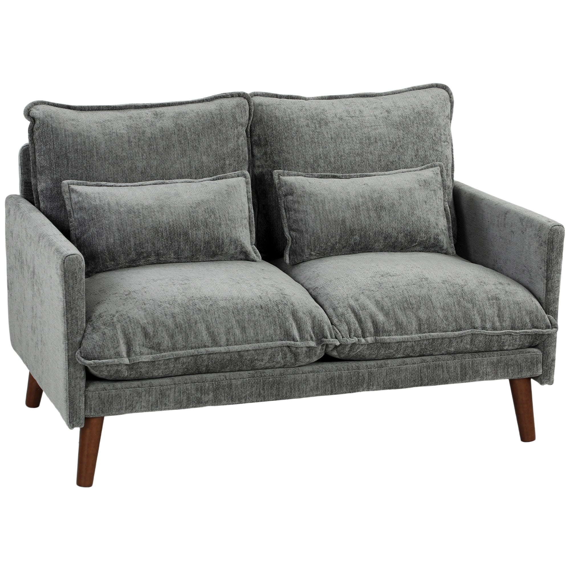 2 Seater Sofa, 131cm Velvet-Feel Fabric Loveseat Sofa with Spring Cushions, Wide and Deep Seat, Wood Legs, 2 Pillows, Modern Couch Settee for Small Space, Living Room, Bedroom, Office, Grey