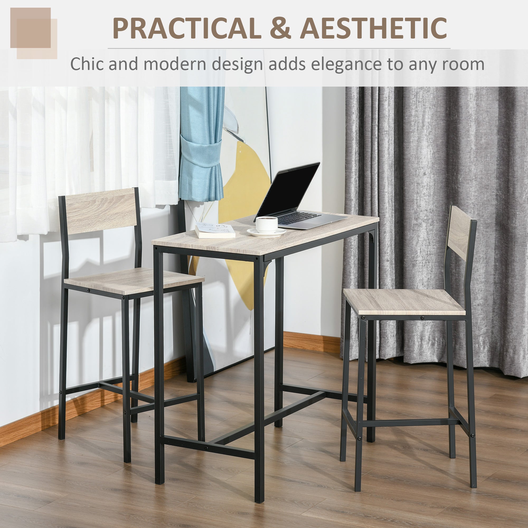 3 Piece Industrial Dining Table Set for 2, Counter Height Kitchen Table, Natural