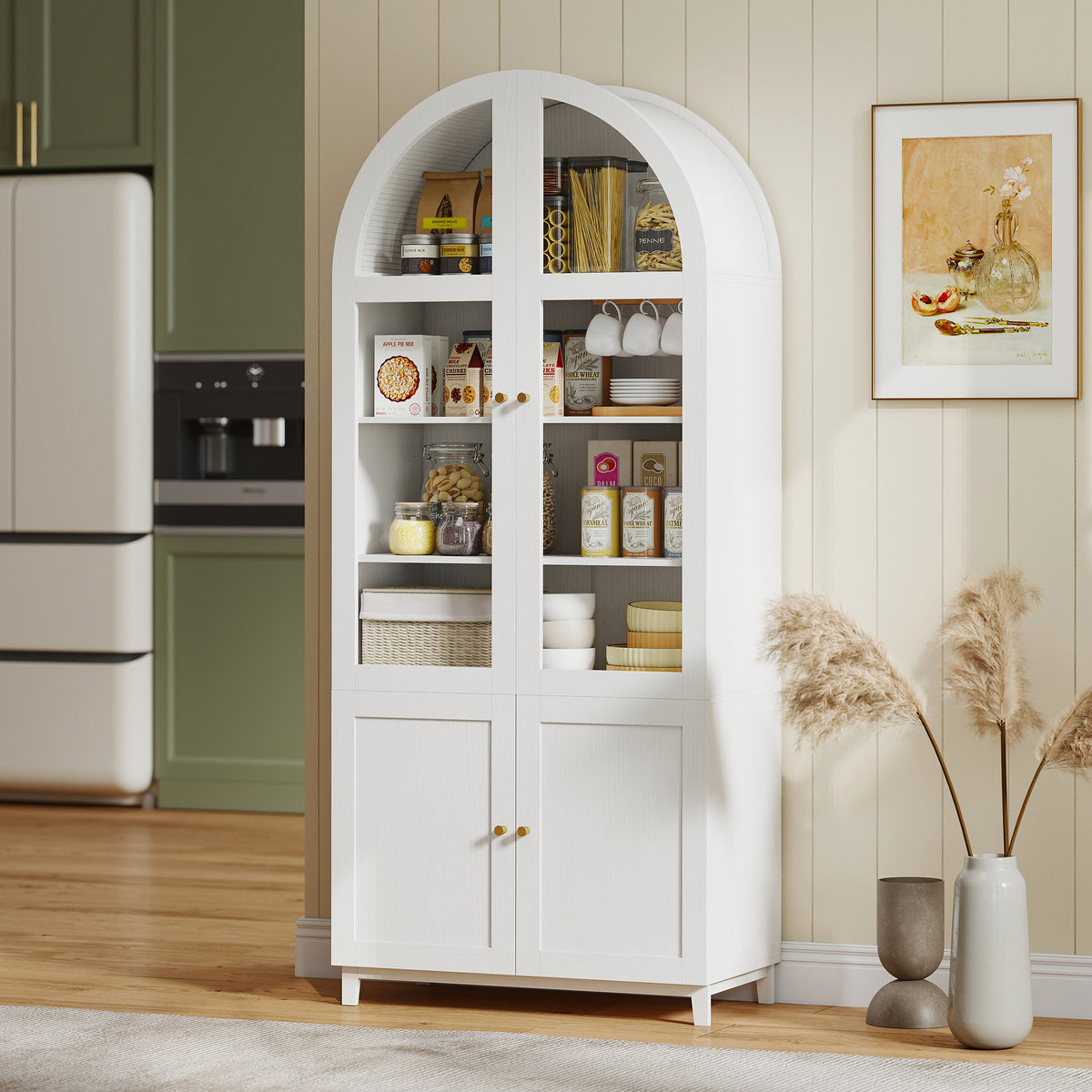 71" Tall Arched Kitchen Pantry Cabinet, Farmhouse Freestanding Kitchen Storage Cabinet with Adjustable Shelves, Acrylic Glass Doors for Living Room, Dining Room, White