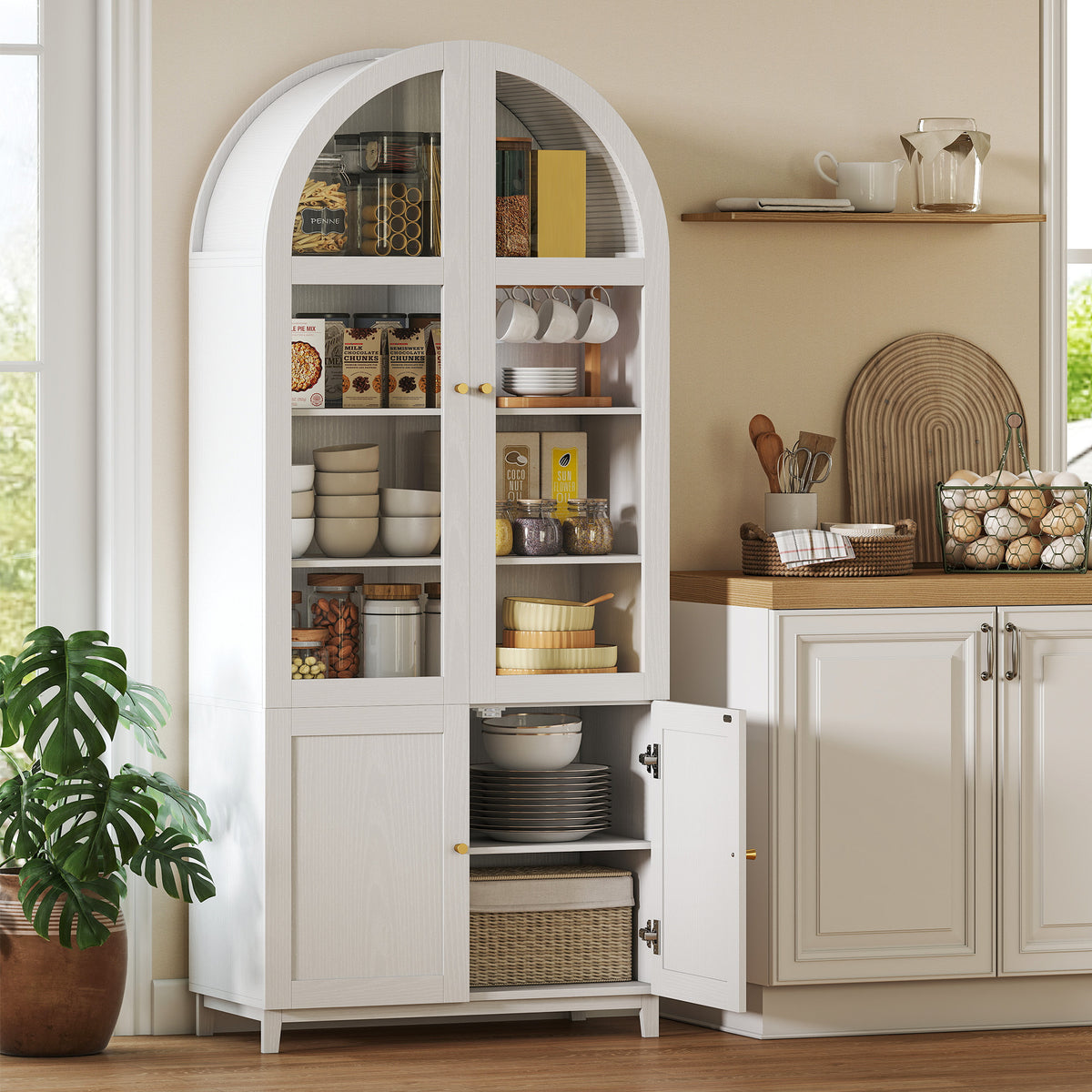 71" Tall Arched Kitchen Pantry Cabinet, Farmhouse Freestanding Kitchen Storage Cabinet with Adjustable Shelves, Acrylic Glass Doors for Living Room, Dining Room, White