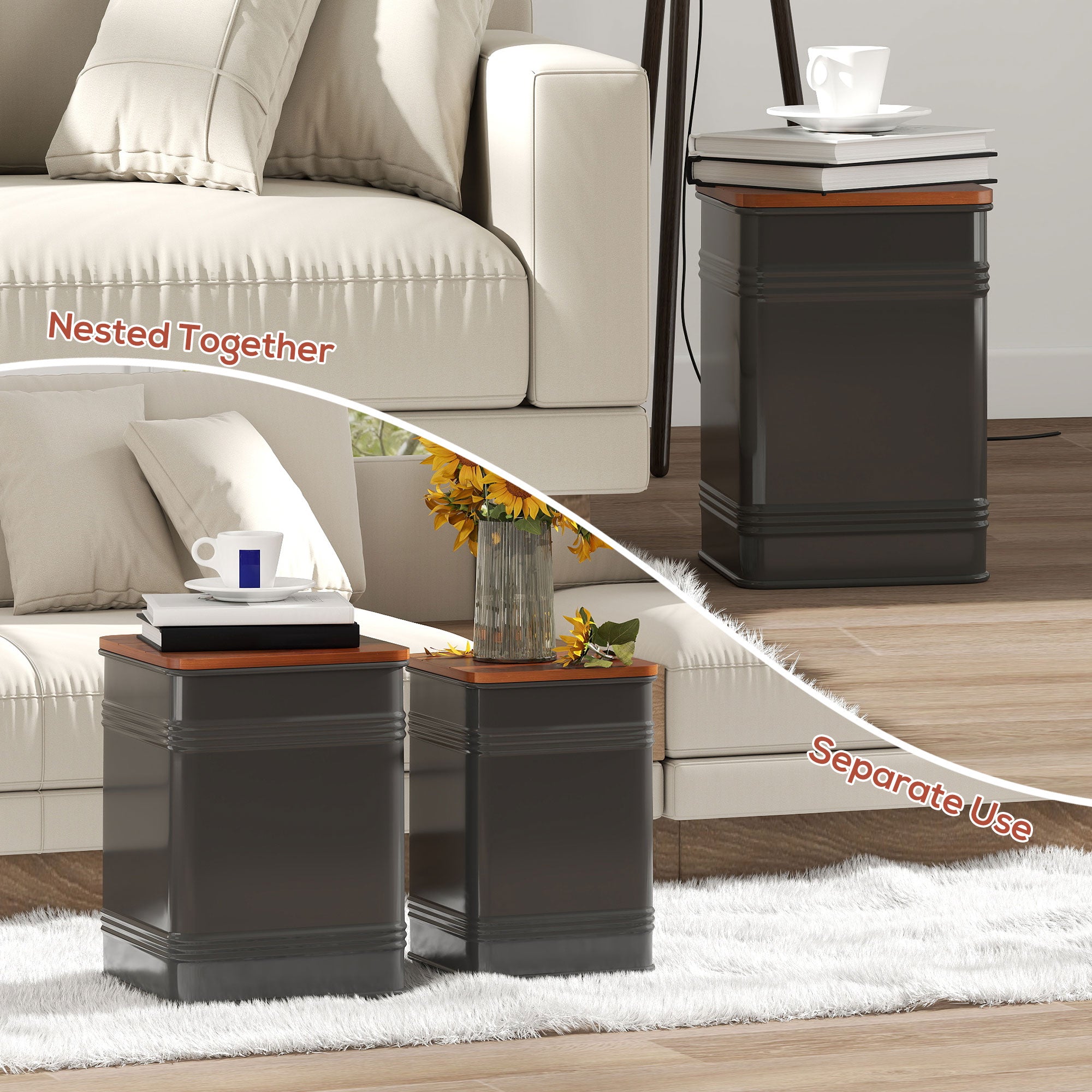 Ottoman with Storage Set of 2, Industrial Accent Side Table with Removable Wood Lid, Metal Frame and Hidden Space, Nesting Ottoman Stool for Living Room, Black