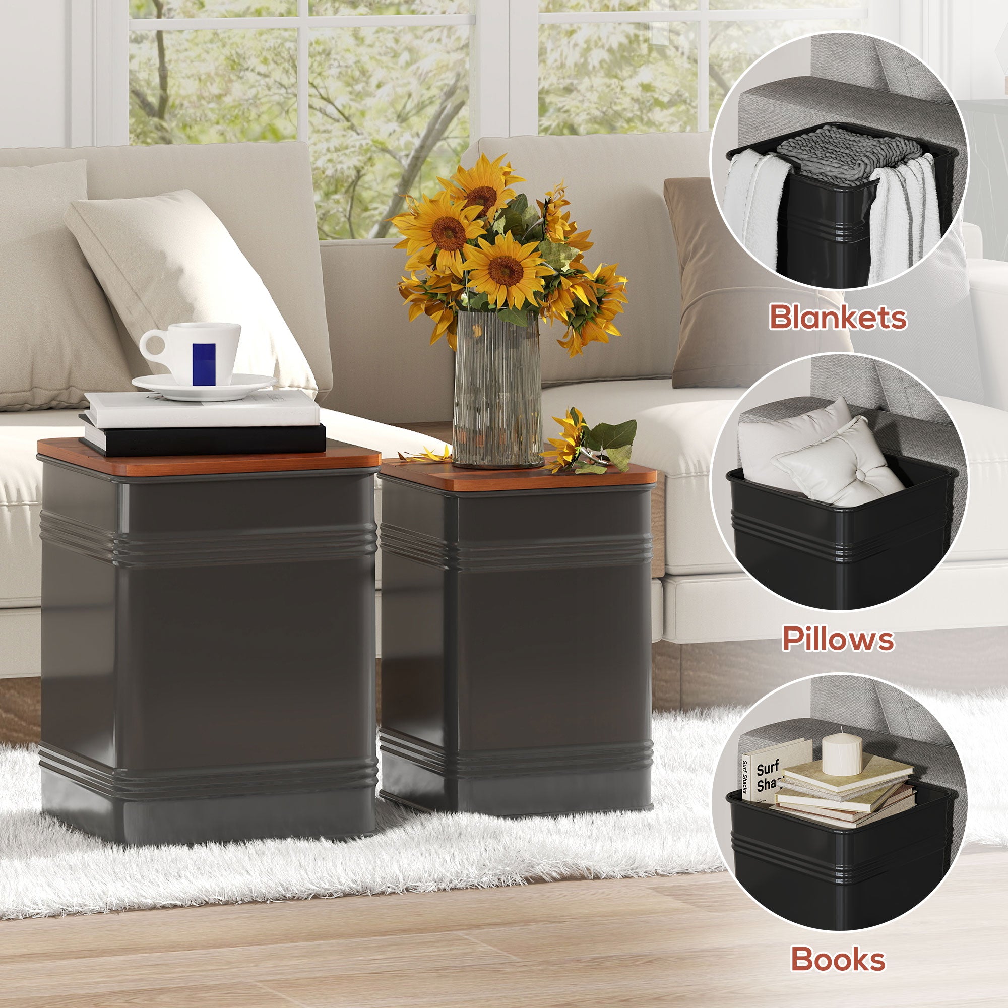 Ottoman with Storage Set of 2, Industrial Accent Side Table with Removable Wood Lid, Metal Frame and Hidden Space, Nesting Ottoman Stool for Living Room, Black