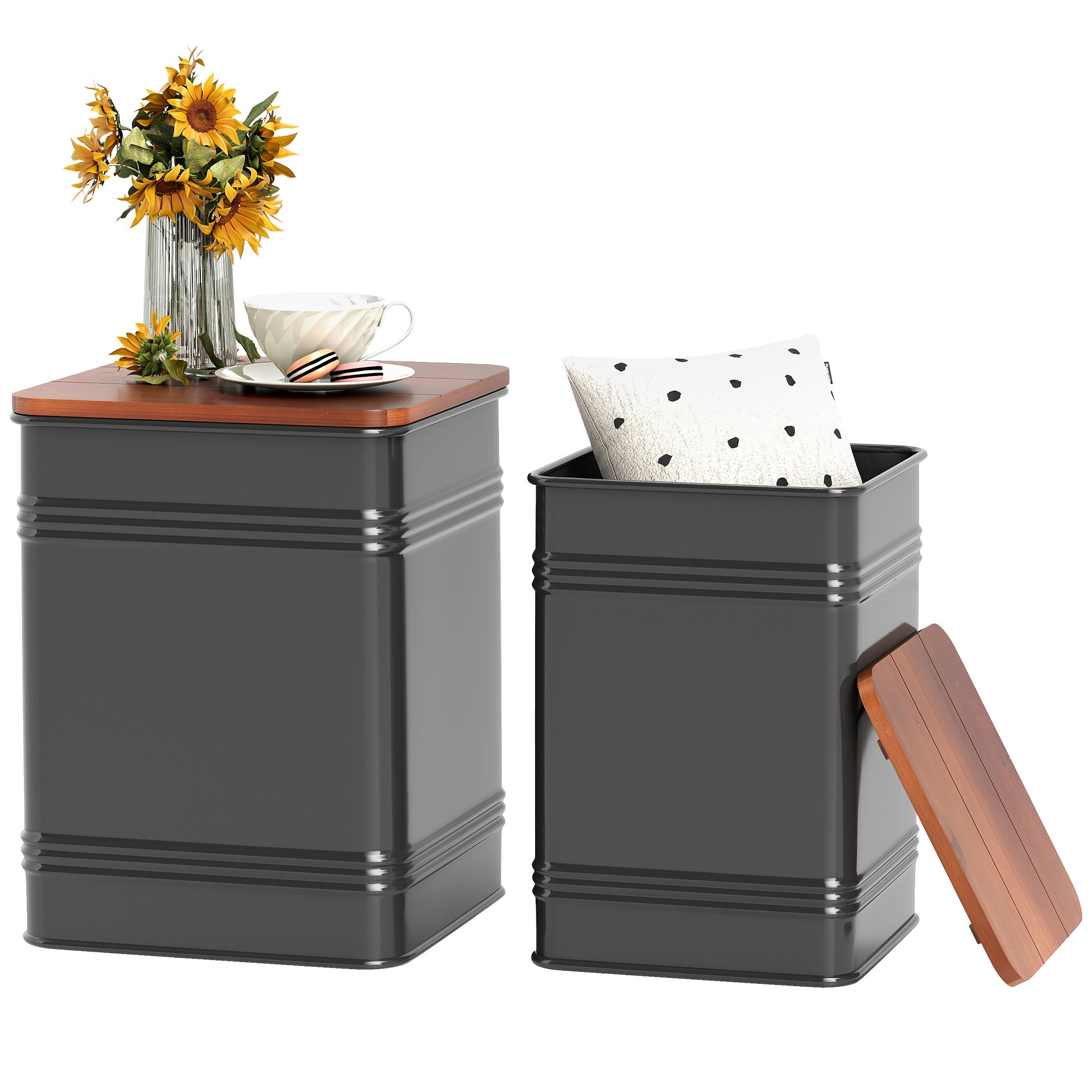 Ottoman with Storage Set of 2, Industrial Accent Side Table with Removable Wood Lid, Metal Frame and Hidden Space, Nesting Ottoman Stool for Living Room, Black