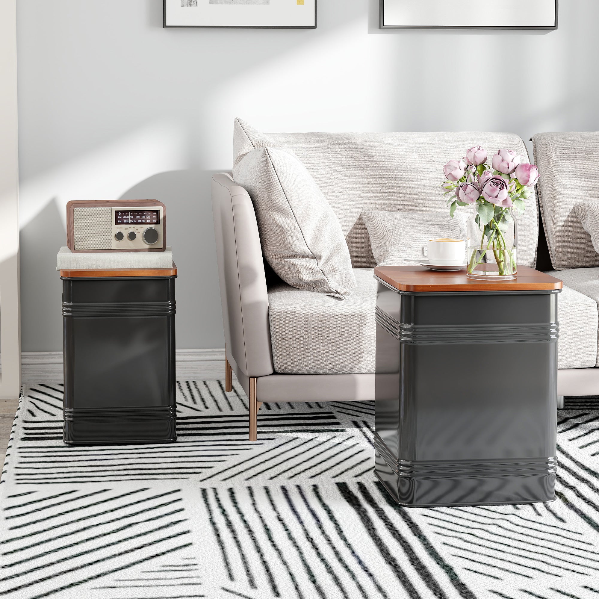 Ottoman with Storage Set of 2, Industrial Accent Side Table with Removable Wood Lid, Metal Frame and Hidden Space, Nesting Ottoman Stool for Living Room, Black