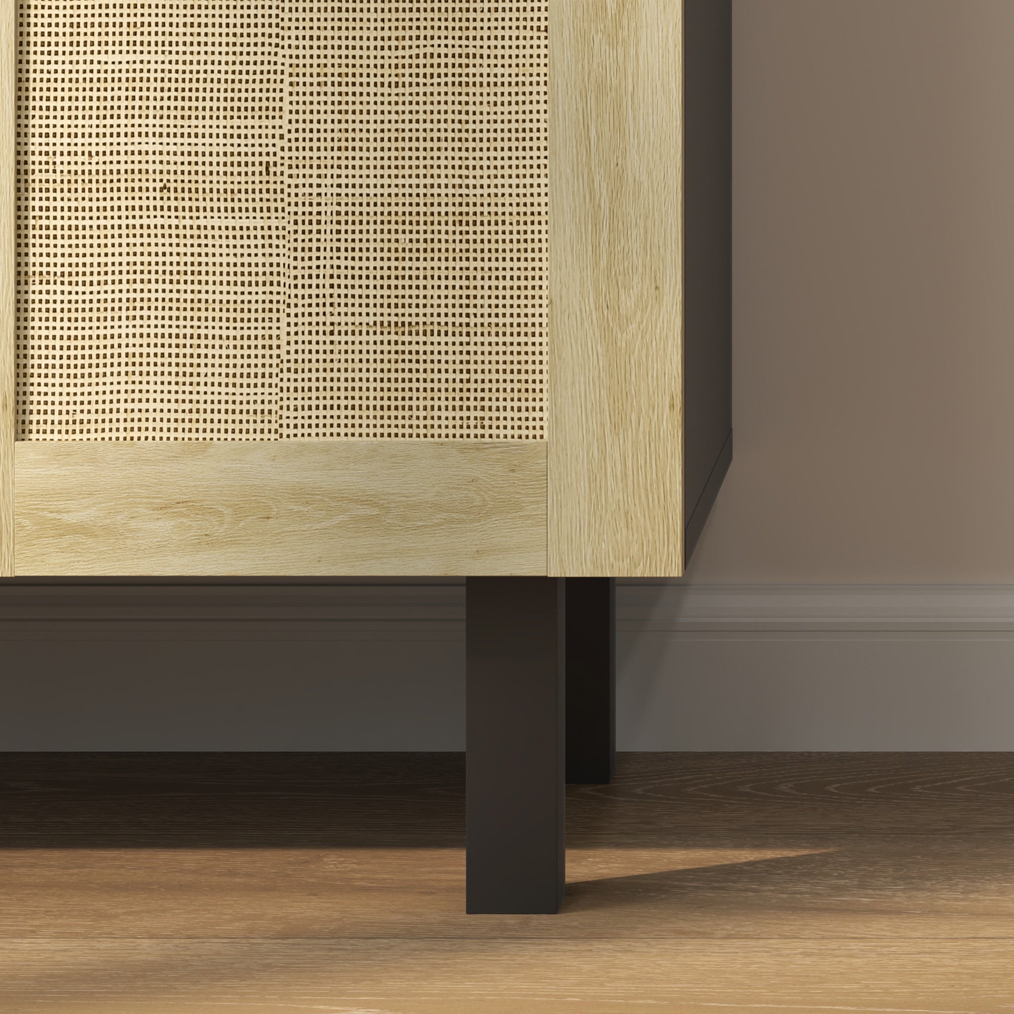 Solace 4 Doors Rattan Cabinet with Adjustable Shelves, Black and Natural