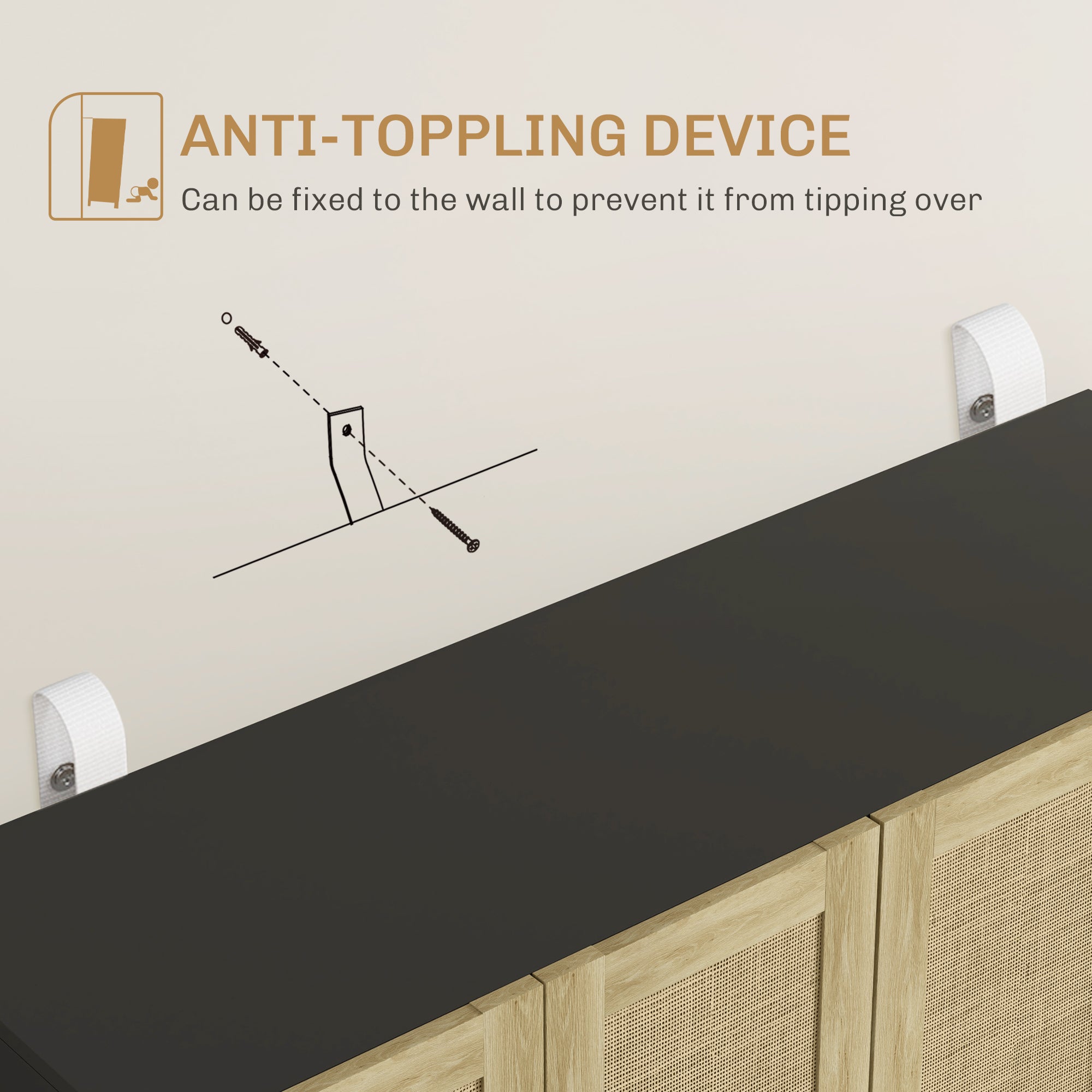 Solace 4 Doors Rattan Cabinet with Adjustable Shelves, Black and Natural