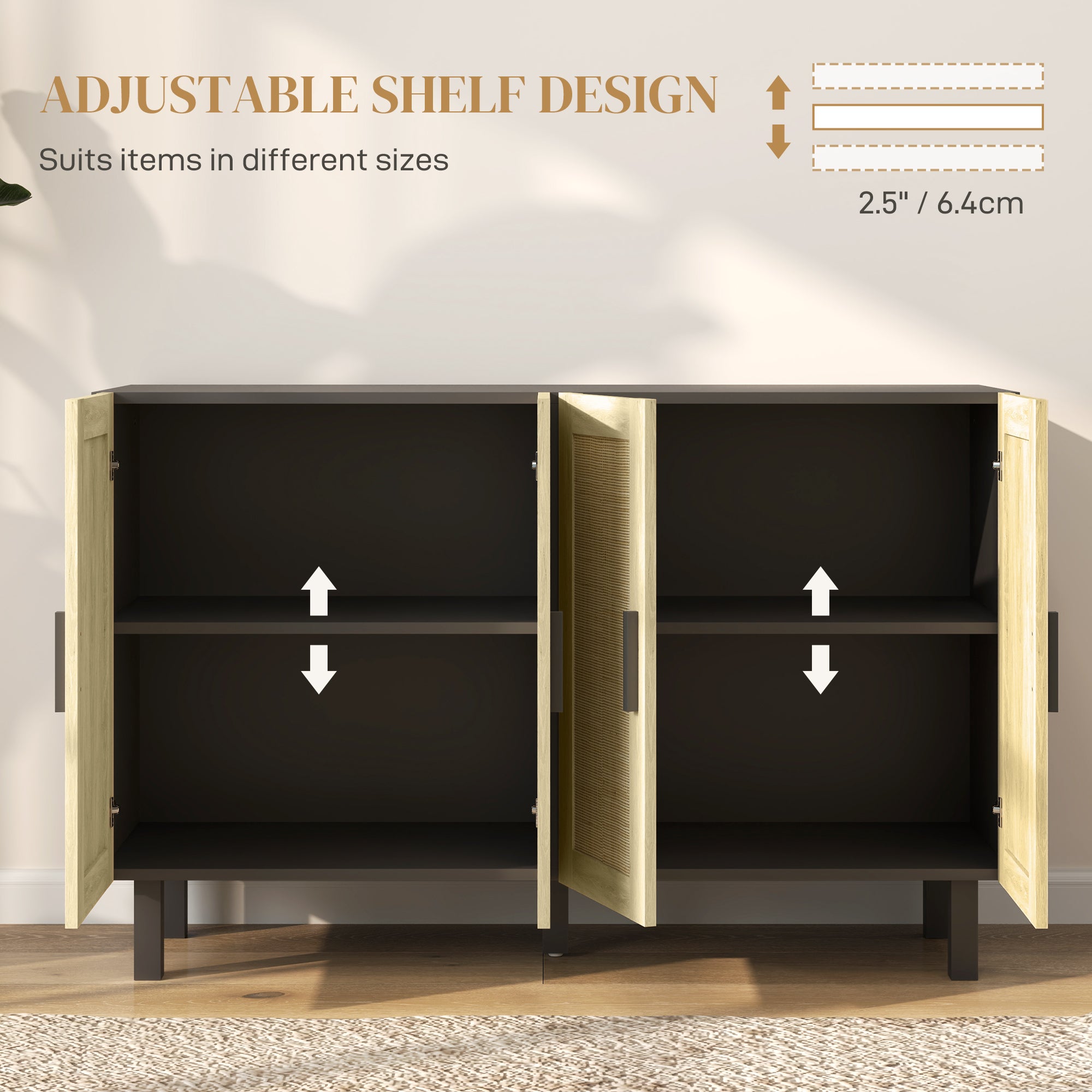 Solace 4 Doors Rattan Cabinet with Adjustable Shelves, Black and Natural