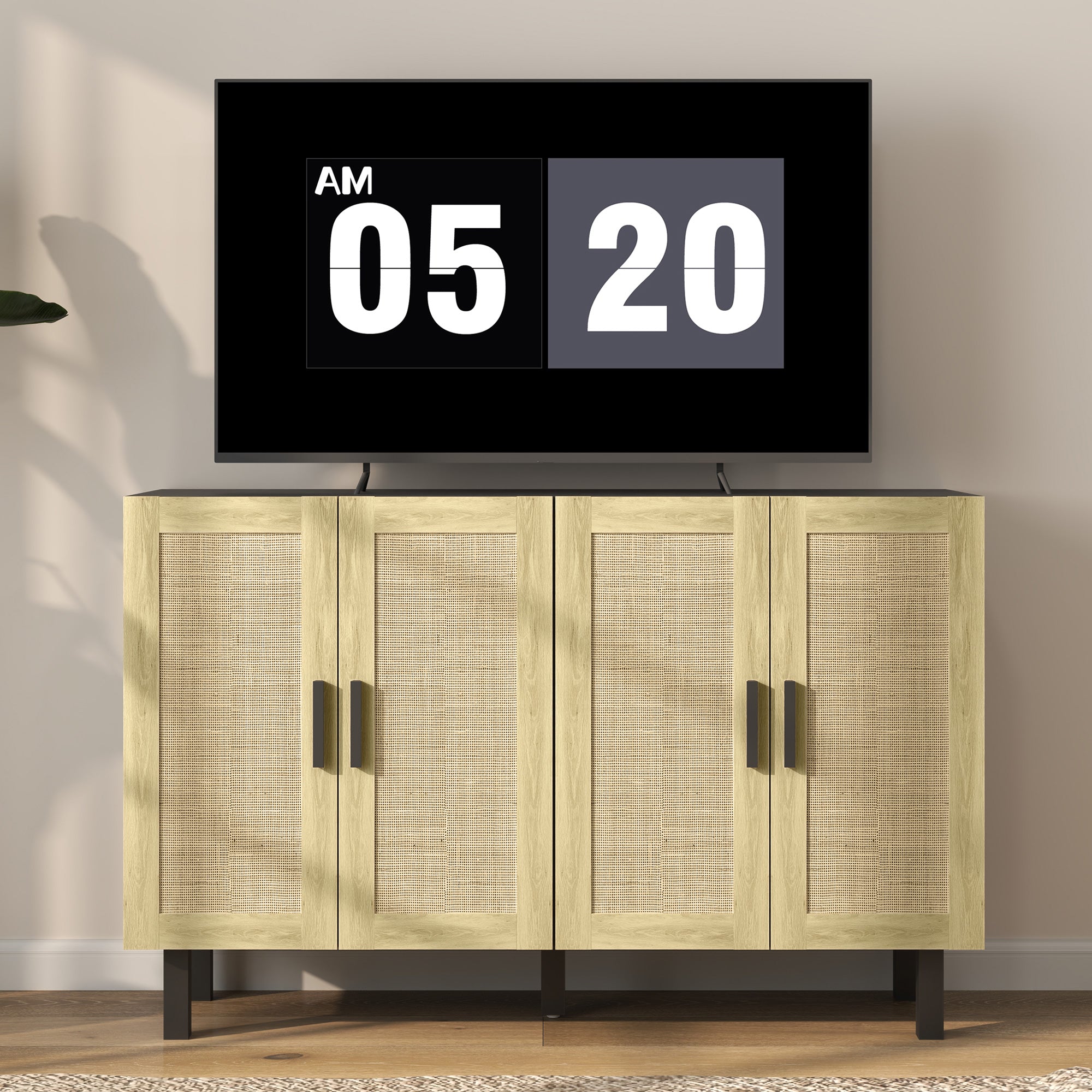 Solace 4 Doors Rattan Cabinet with Adjustable Shelves, Black and Natural