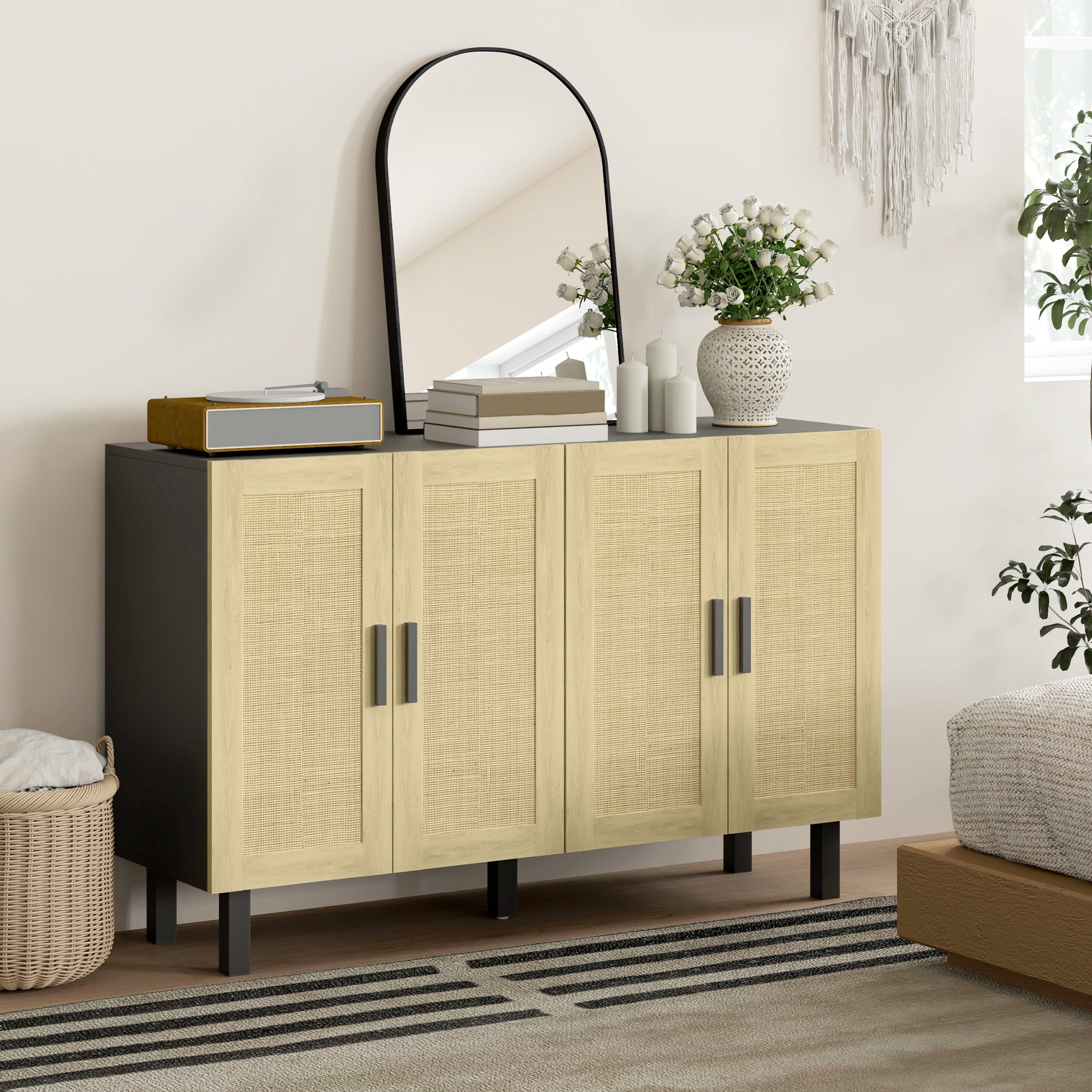 Solace 4 Doors Rattan Cabinet with Adjustable Shelves, Black and Natural