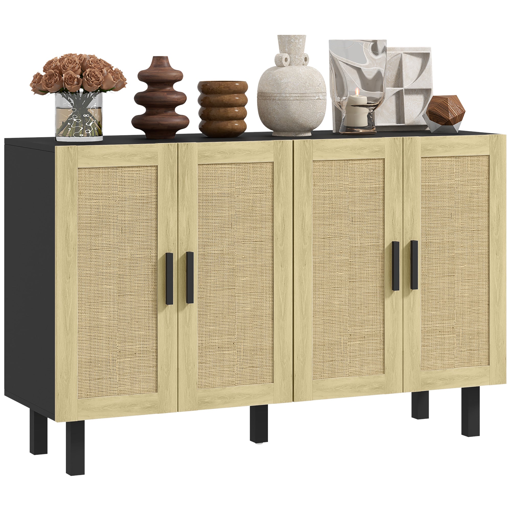 Boho Sideboard Buffet Cabinet w/ 4 Rattan Doors & Adjustable Shelves, Black and Natural