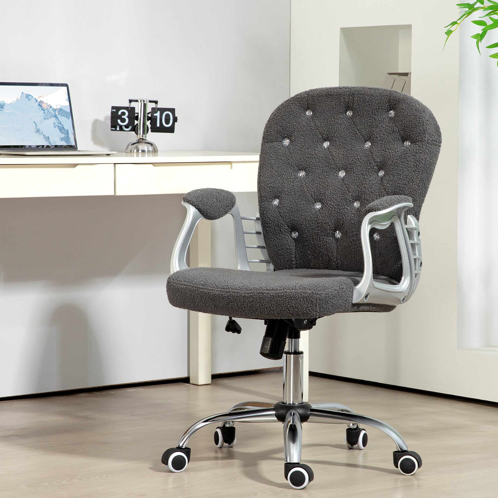 Button Tufted Desk Chair w/ Padded Armrests, Adjustable Height & Swivel Wheels, Dark Gray