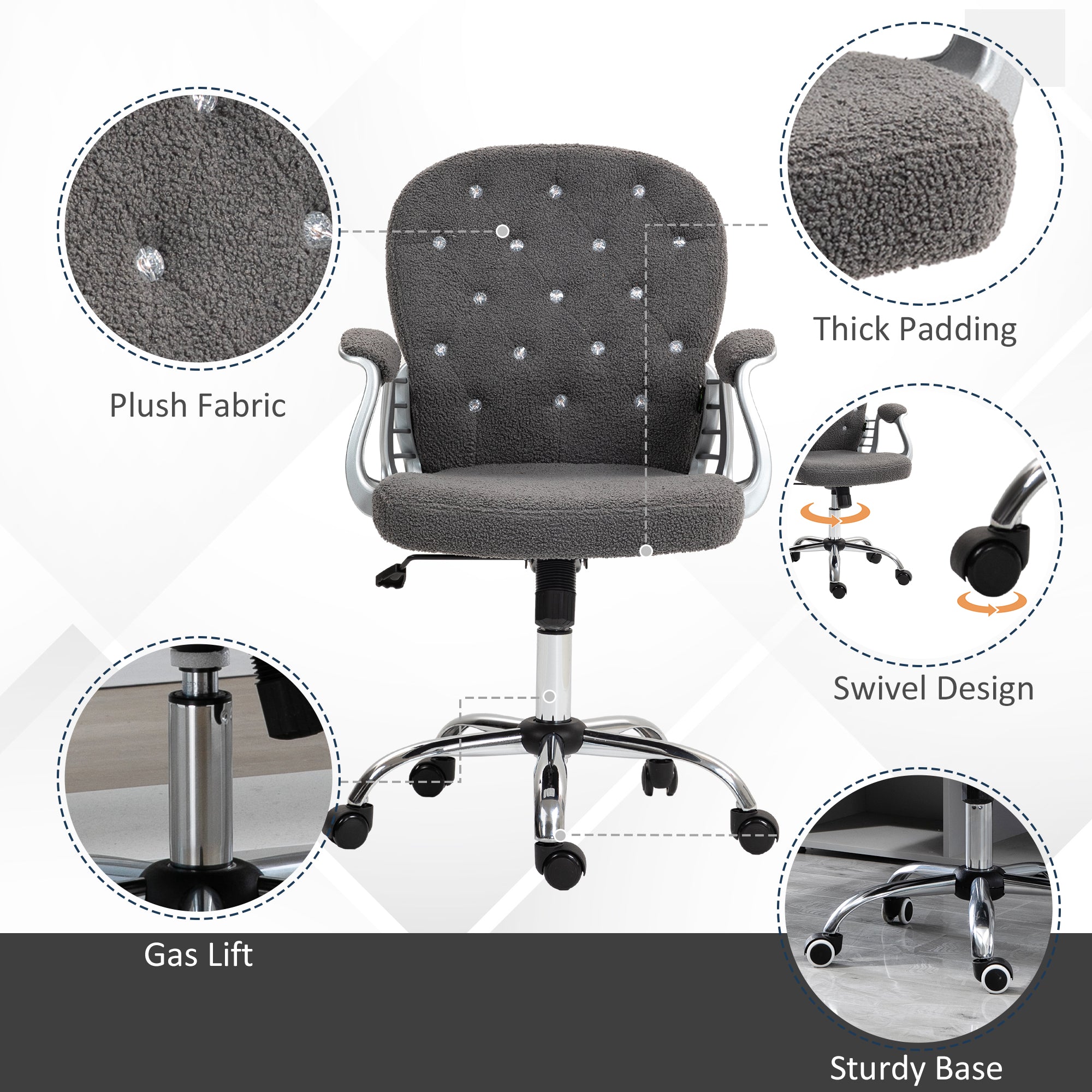 Button Tufted Desk Chair w/ Padded Armrests, Adjustable Height & Swivel Wheels, Dark Gray