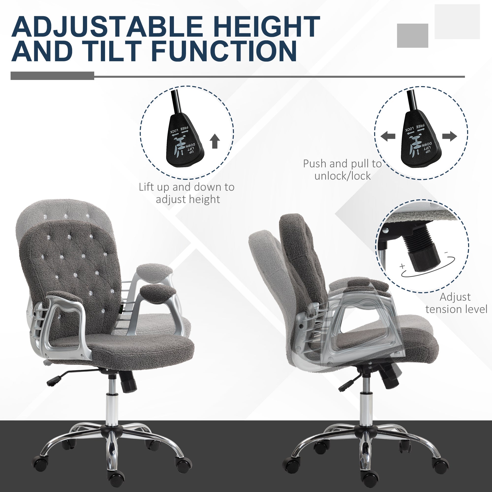 Button Tufted Desk Chair w/ Padded Armrests, Adjustable Height & Swivel Wheels, Dark Gray