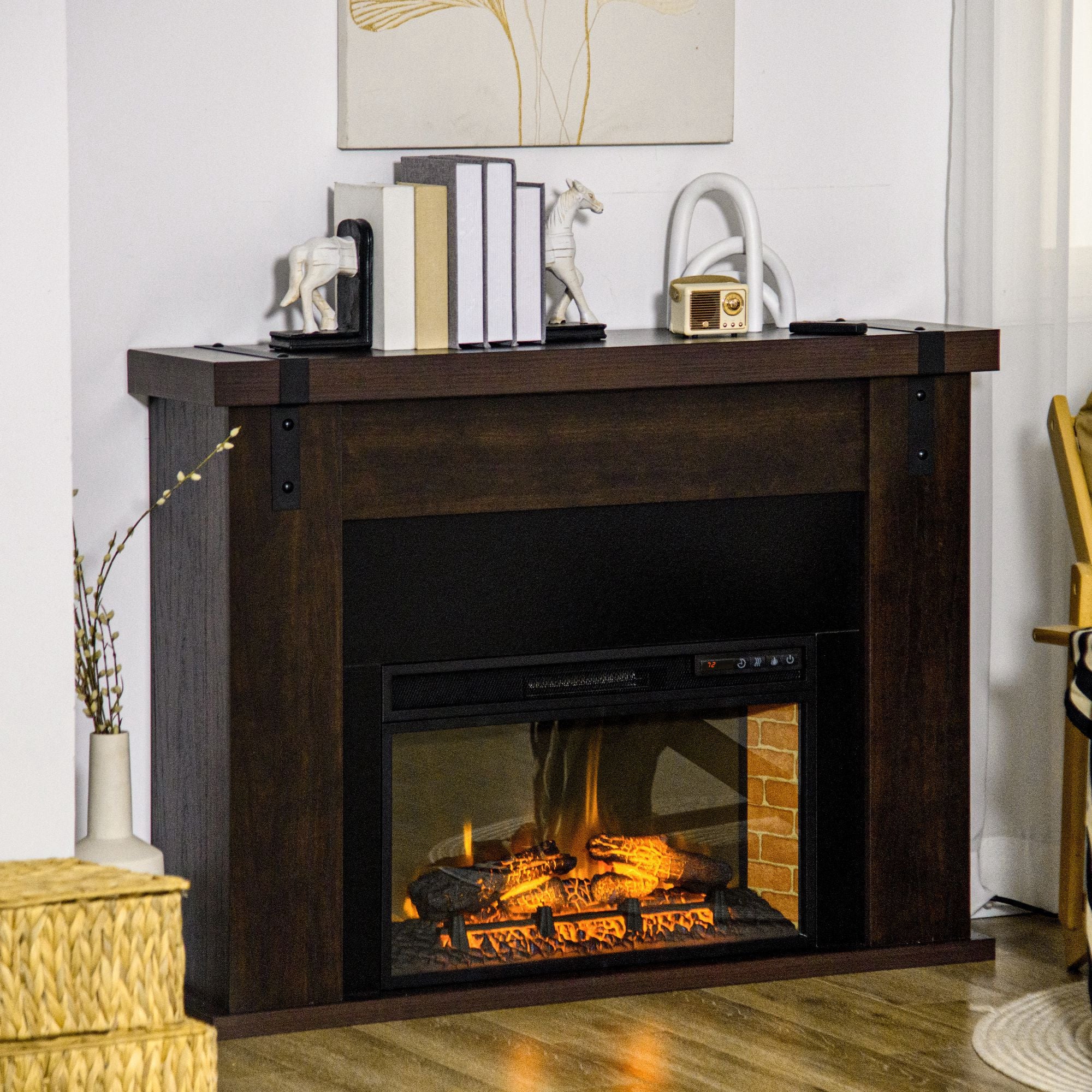 35" Freestanding Electric Fireplace Mantel w/ Remote & Overheat Protection, 1400W, Brown