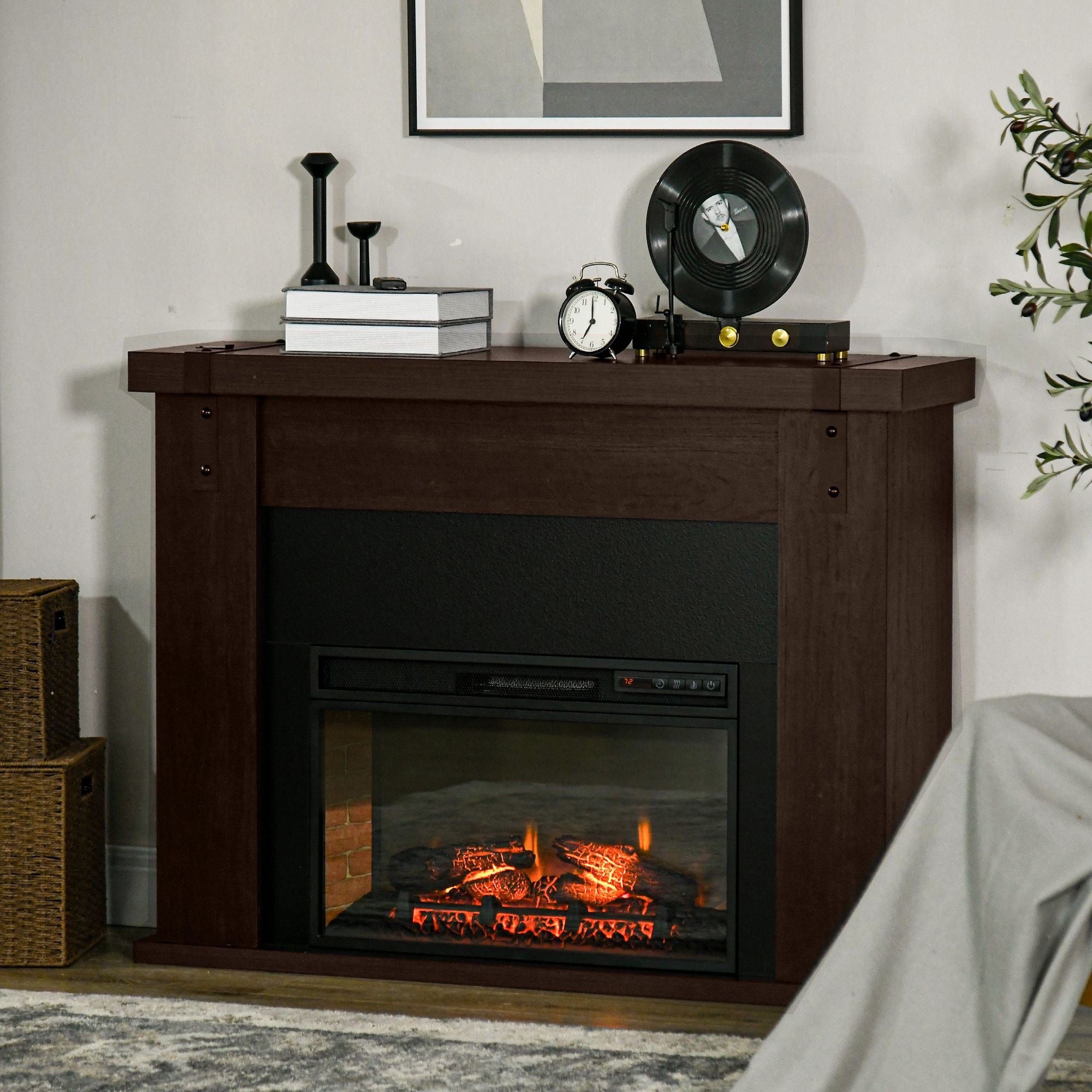 35" Freestanding Electric Fireplace Mantel w/ Remote & Overheat Protection, 1400W, Brown
