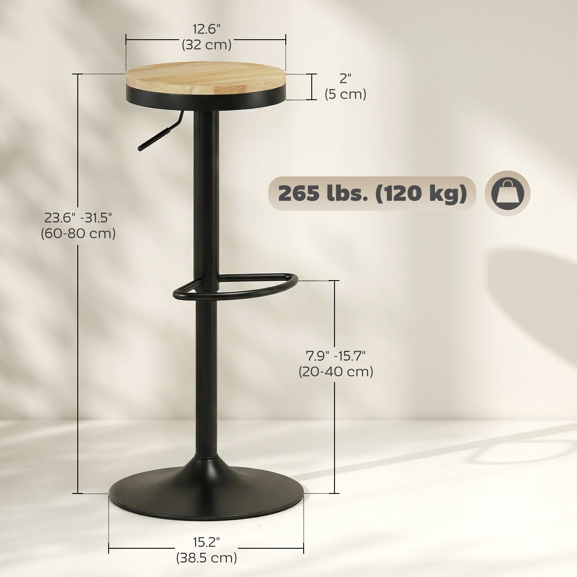 Wooden Bar Stools Set of 2, Adjustable Swivel Barstools with Rubber Wood Seat, Modern Bar Chairs for Kitchen Counter, Breakfast Island, Natural Wood and Black