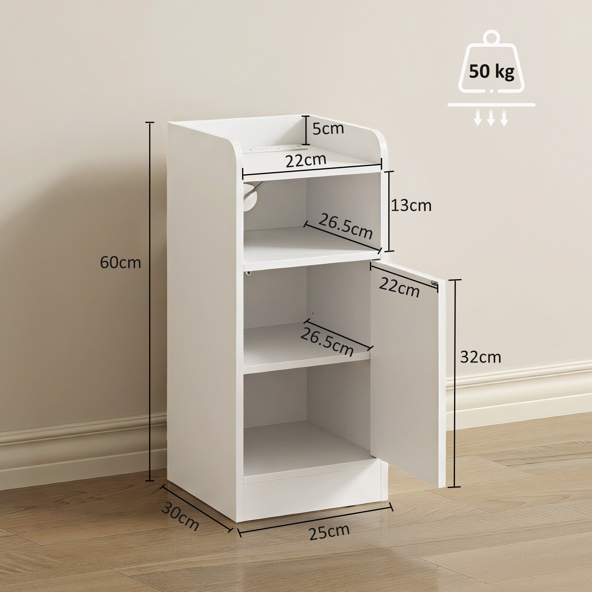 Slim Bedside Table Set of 2 with Charging Station, Narrow Bedside Cabinet with Open Compartment, Adjustable Shelf and Cupboard, Side End Table for Bedroom Living Room Compact Nooks, White