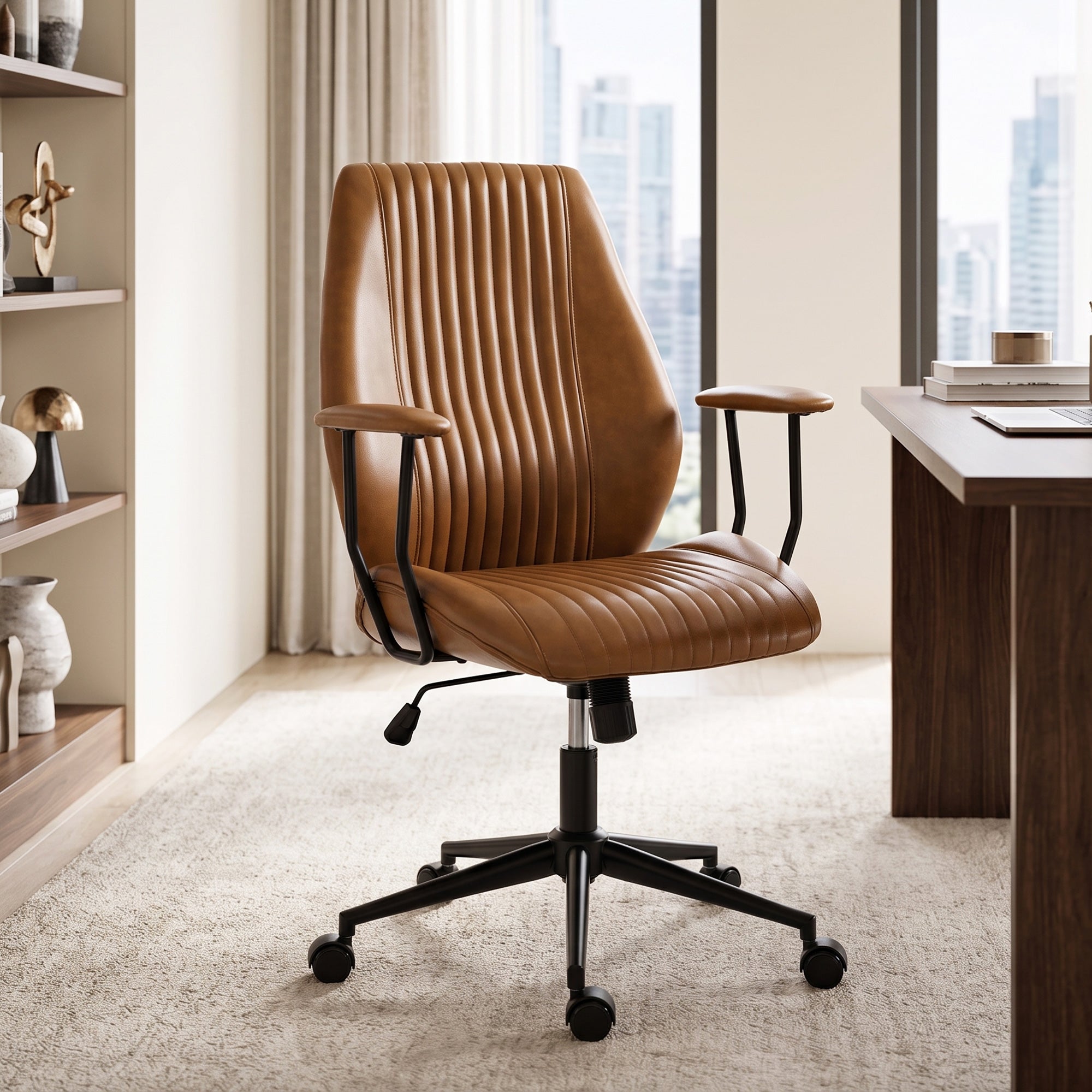 Home Office Desk Chair, PU Leather Computer Chair with Padded Arms, Mid Back, 360° Swivel, Adjustable Height, Tilt Function, Rolling Wheels, Vintage Style for Task, Study, Work, Brown