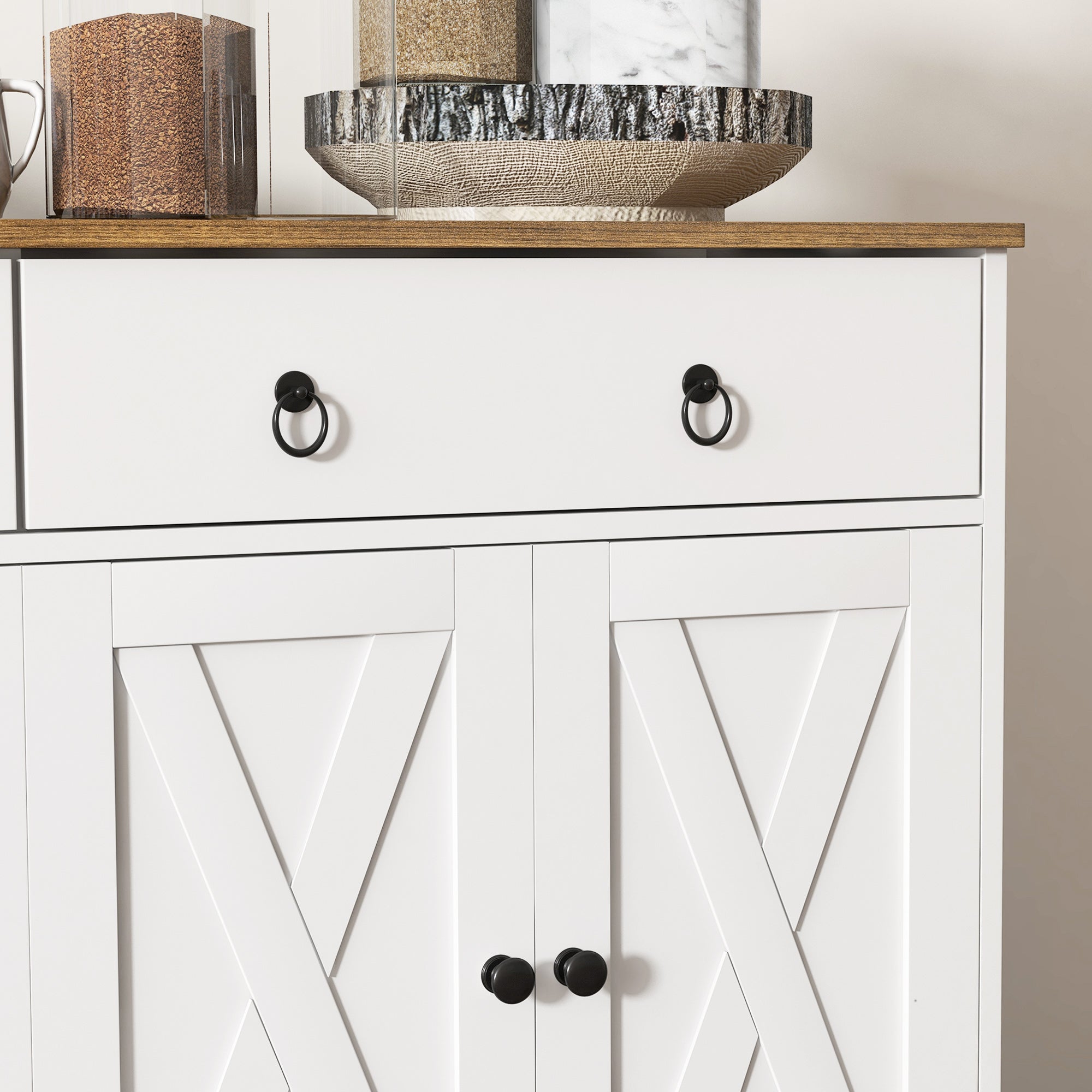 Farmhouse Storage Sideboard, Buffet Cabinet w/ Barn Doors & Adjustable Shelves, White
