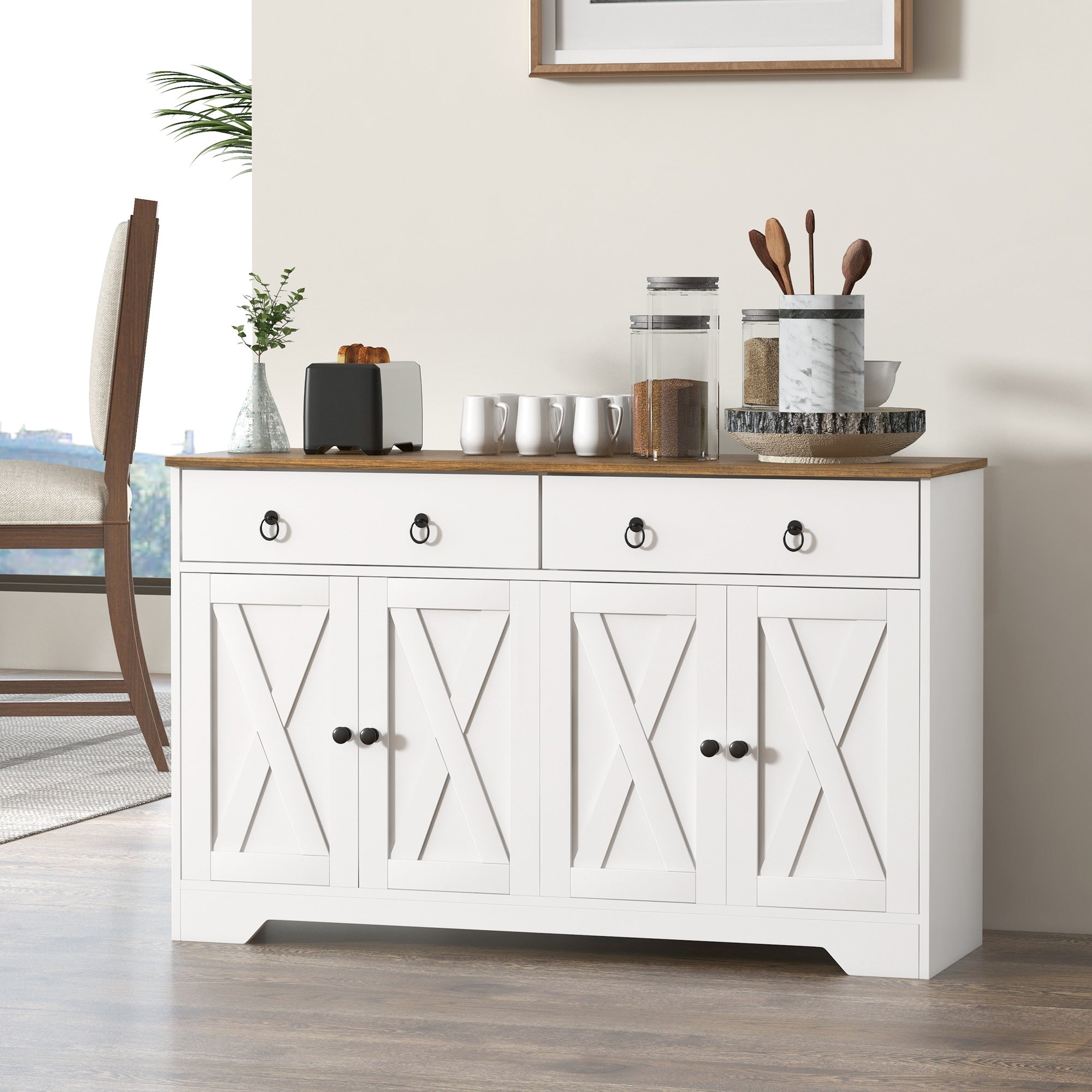 Farmhouse Storage Sideboard, Buffet Cabinet w/ Barn Doors & Adjustable Shelves, White