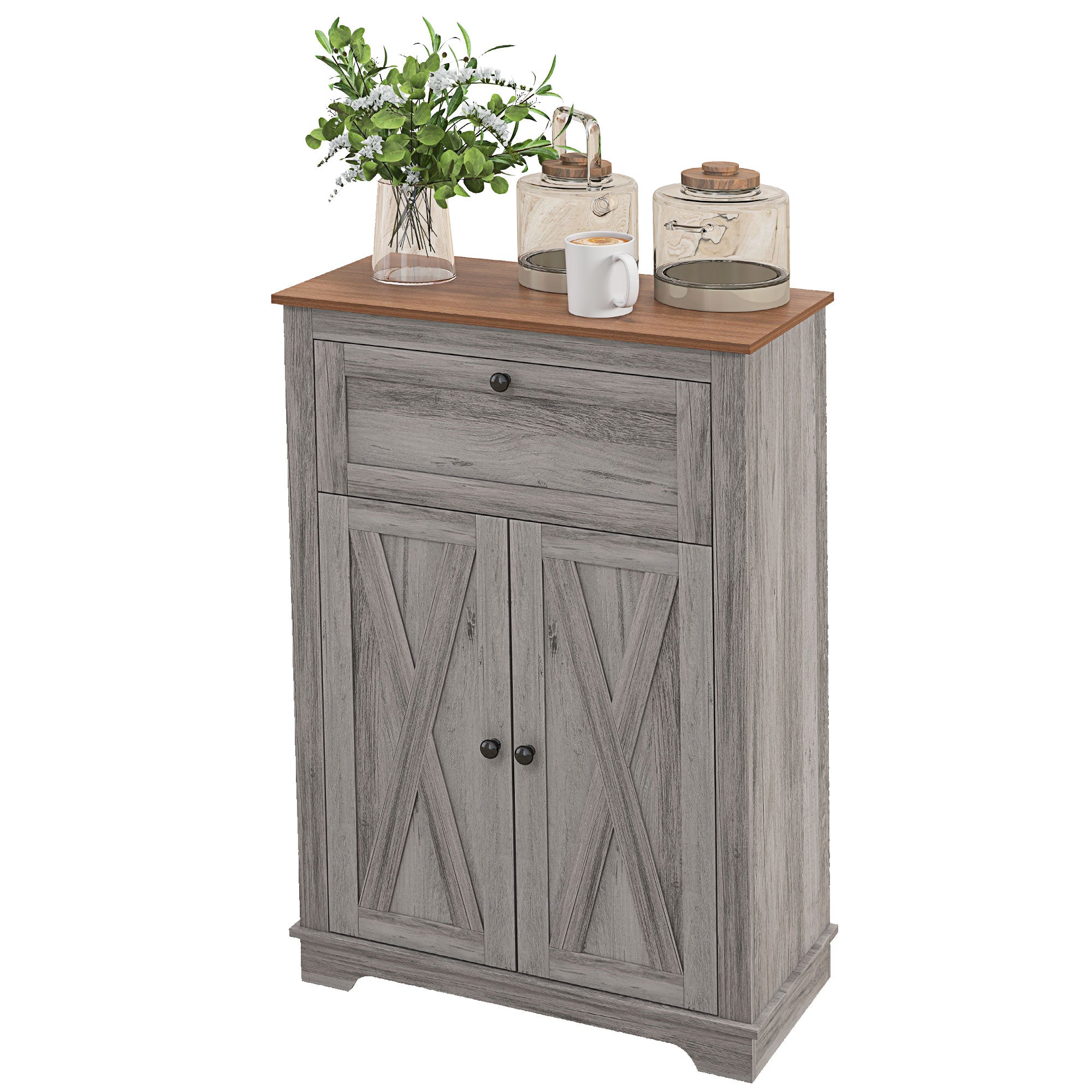 Farmhouse Sideboard Storage Cabinet with Doors and Drawer, 23.5"x11.75"x34.5", Gray