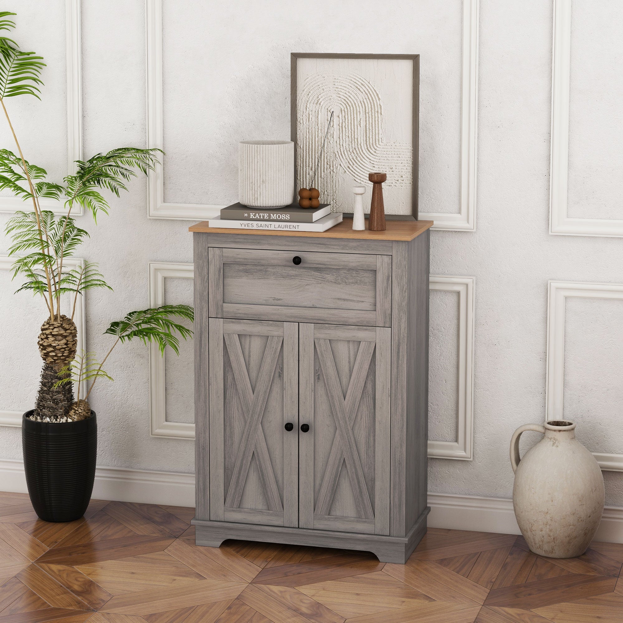 Farmhouse Sideboard Storage Cabinet with Doors and Drawer, 23.5"x11.75"x34.5", Gray
