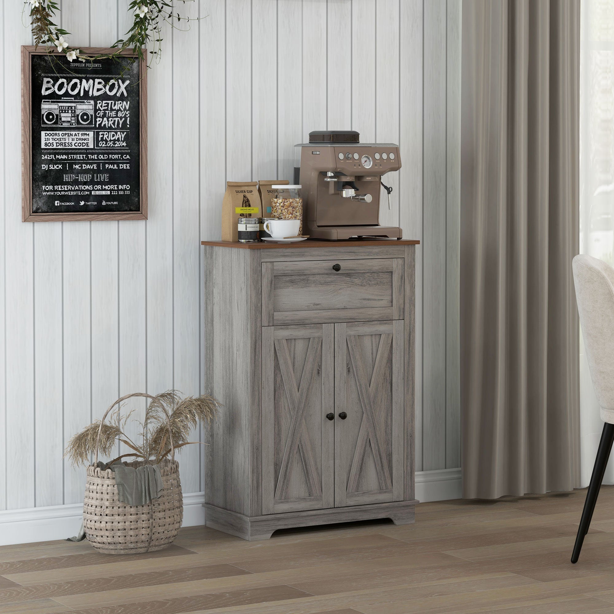 Farmhouse Sideboard Storage Cabinet with Doors and Drawer, 23.5"x11.75"x34.5", Gray