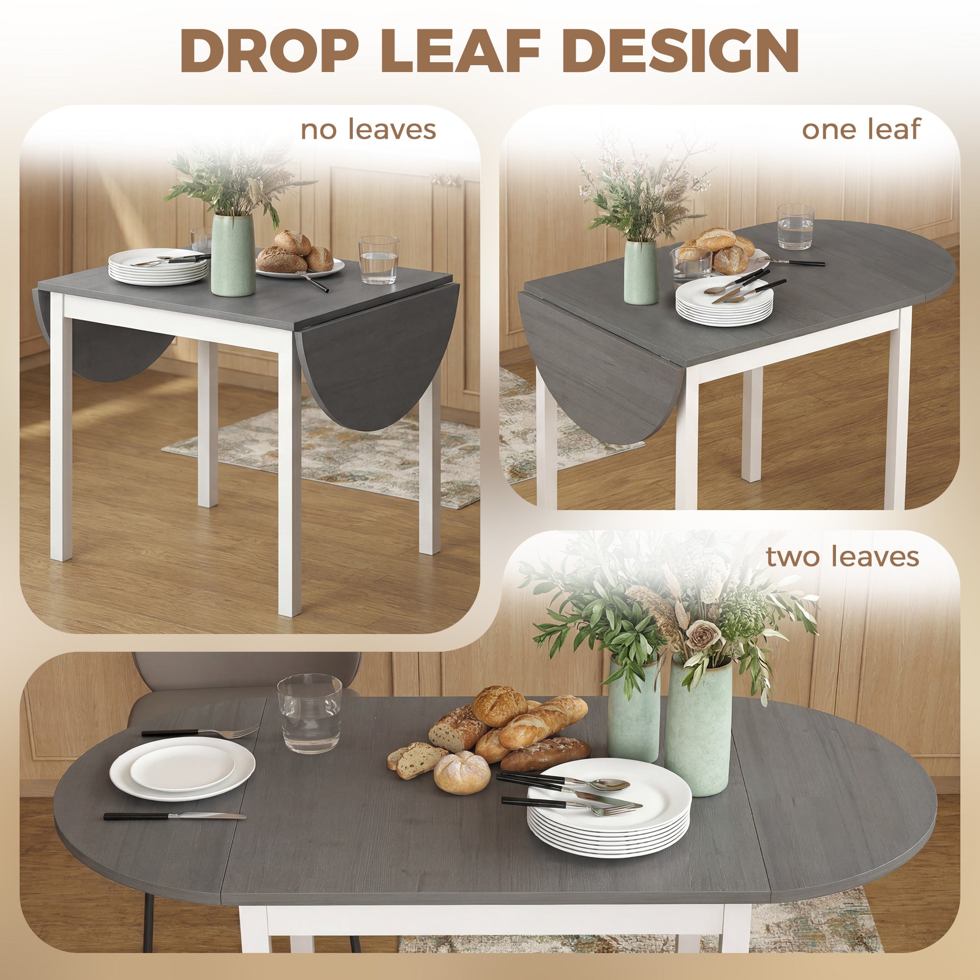 Folding Dining Table for 4-6 People, 140 cm Oval Solid Wood Drop Leaf Table, Kitchen Table for Small Spaces, Dining Room, Living Room, Grey