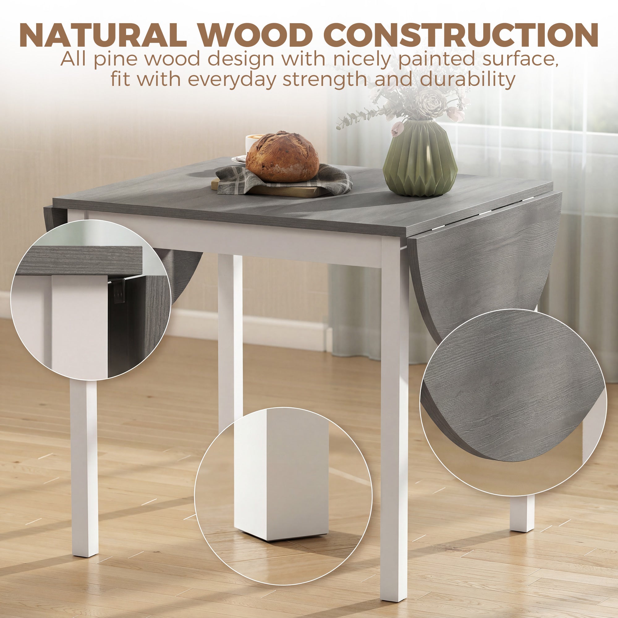 Folding Dining Table for 4-6 People, 140 cm Oval Solid Wood Drop Leaf Table, Kitchen Table for Small Spaces, Dining Room, Living Room, Grey