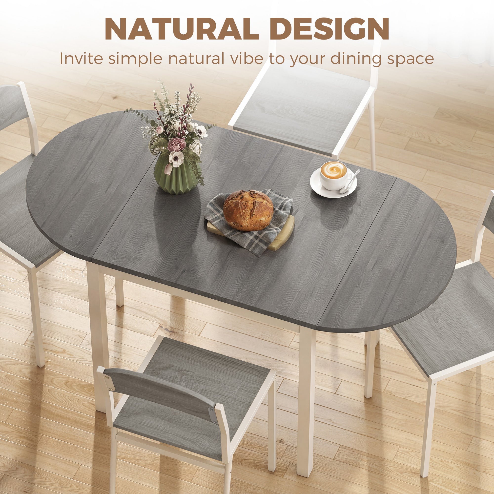 Folding Dining Table for 4-6 People, 140 cm Oval Solid Wood Drop Leaf Table, Kitchen Table for Small Spaces, Dining Room, Living Room, Grey