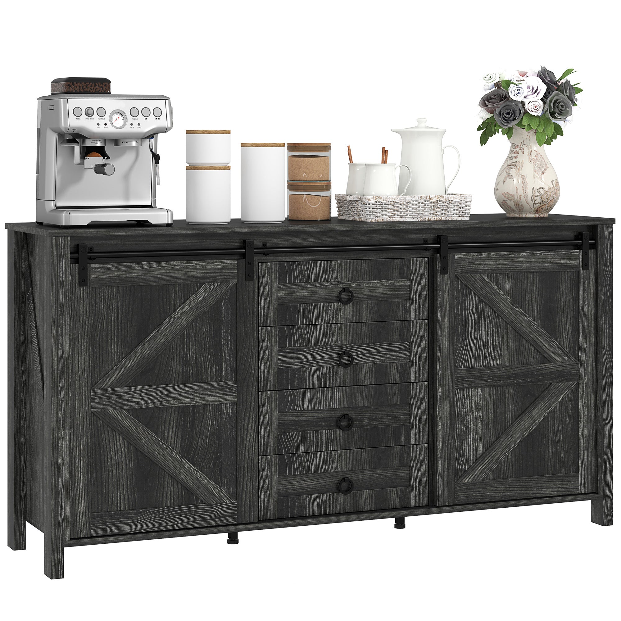 60" Farmhouse Sideboard Buffet Cabinet with Storage, Kitchen Cabinet with 2 Sliding Barn Doors, 4 Deep Drawers and 2 Adjustable Shelves, Coffee Bar Cabinet, Distressed Dark Gray