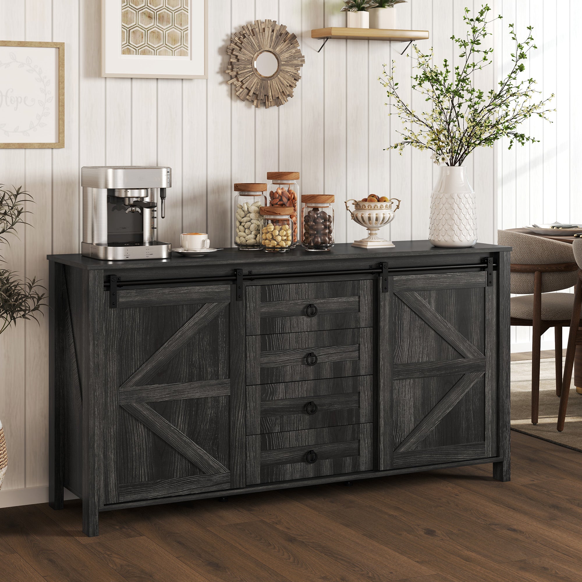 60" Farmhouse Sideboard Buffet Cabinet with Storage, Kitchen Cabinet with 2 Sliding Barn Doors, 4 Deep Drawers and 2 Adjustable Shelves, Coffee Bar Cabinet, Distressed Dark Gray