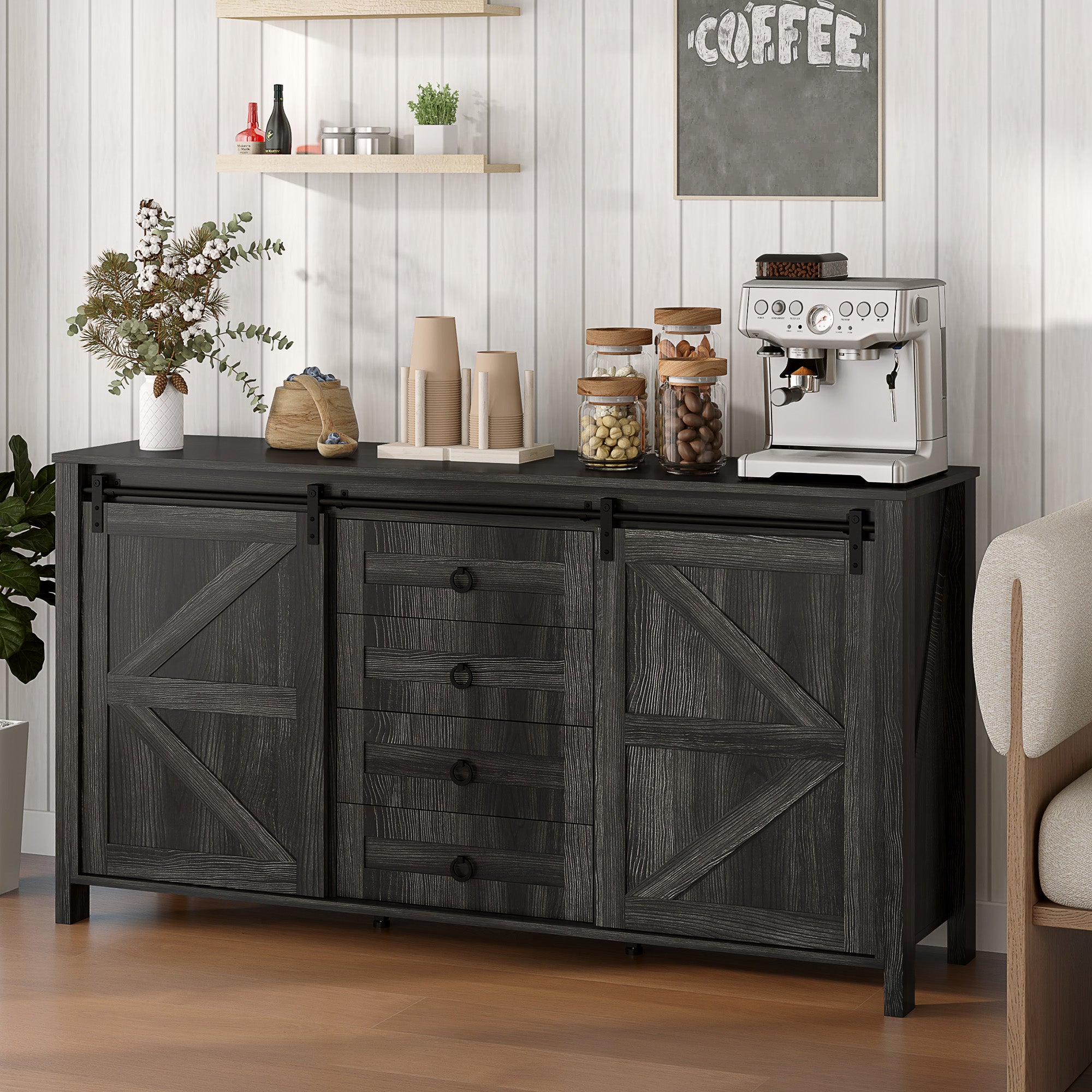 60" Farmhouse Sideboard Buffet Cabinet with Storage, Kitchen Cabinet with 2 Sliding Barn Doors, 4 Deep Drawers and 2 Adjustable Shelves, Coffee Bar Cabinet, Distressed Dark Gray