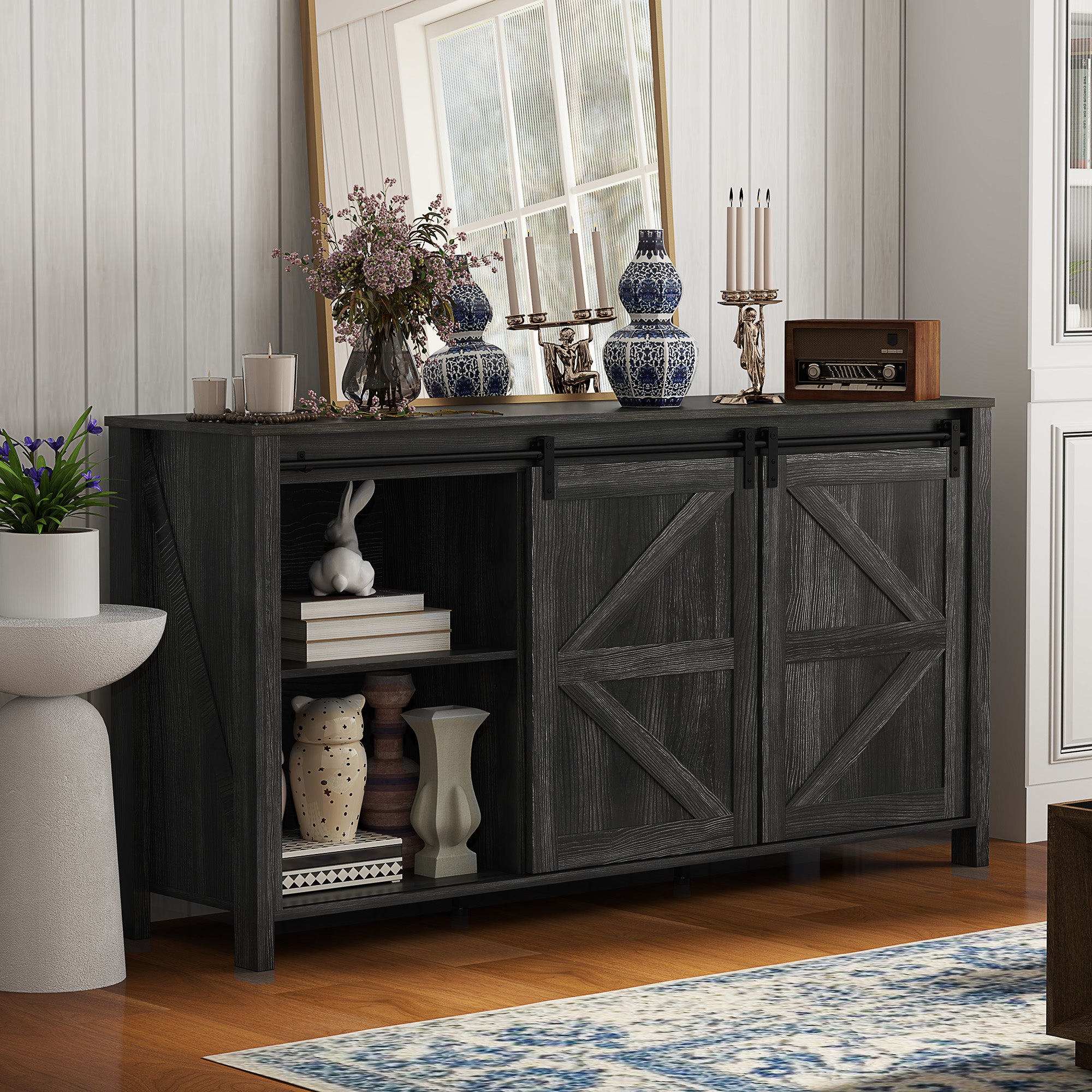 60" Farmhouse Sideboard Buffet Cabinet with Storage, Kitchen Cabinet with 2 Sliding Barn Doors, 4 Deep Drawers and 2 Adjustable Shelves, Coffee Bar Cabinet, Distressed Dark Gray