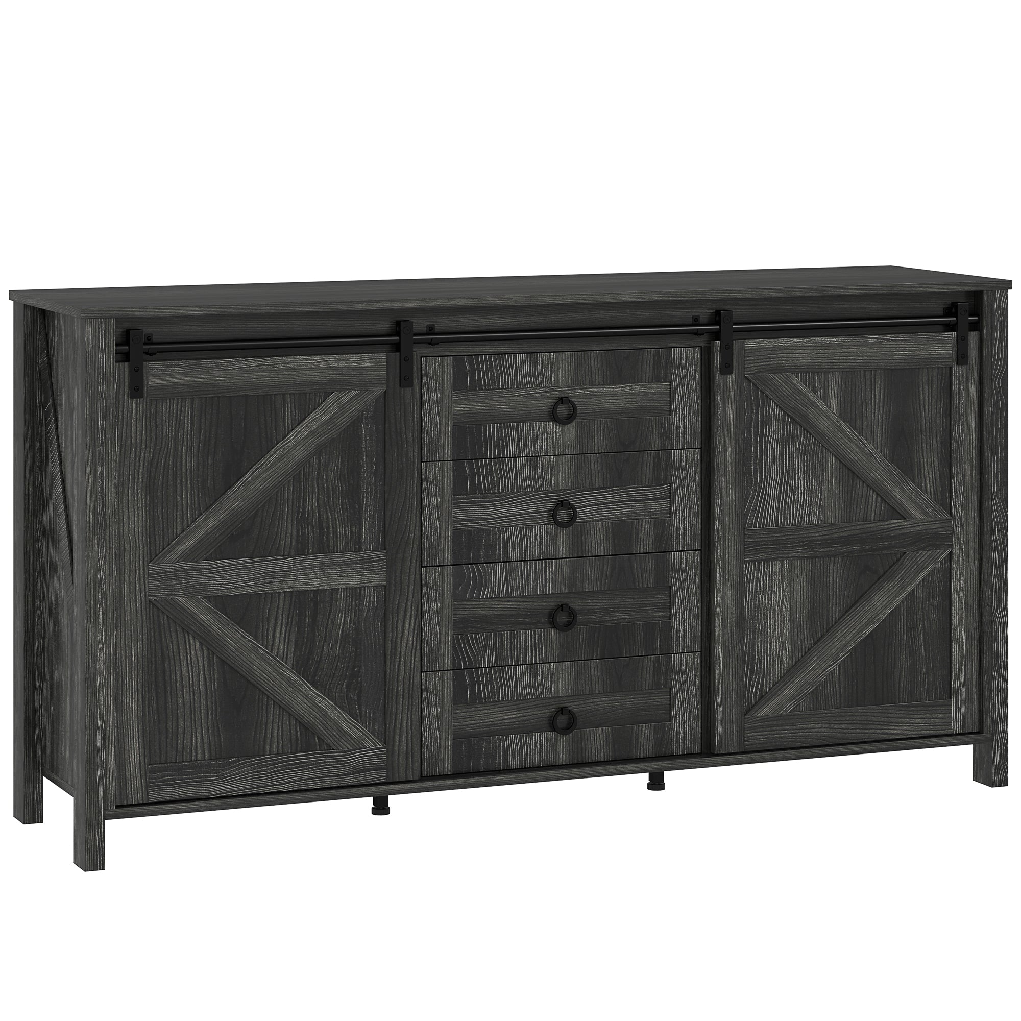 60" Farmhouse Sideboard Buffet Cabinet with Storage, Kitchen Cabinet with 2 Sliding Barn Doors, 4 Deep Drawers and 2 Adjustable Shelves, Coffee Bar Cabinet, Distressed Dark Gray
