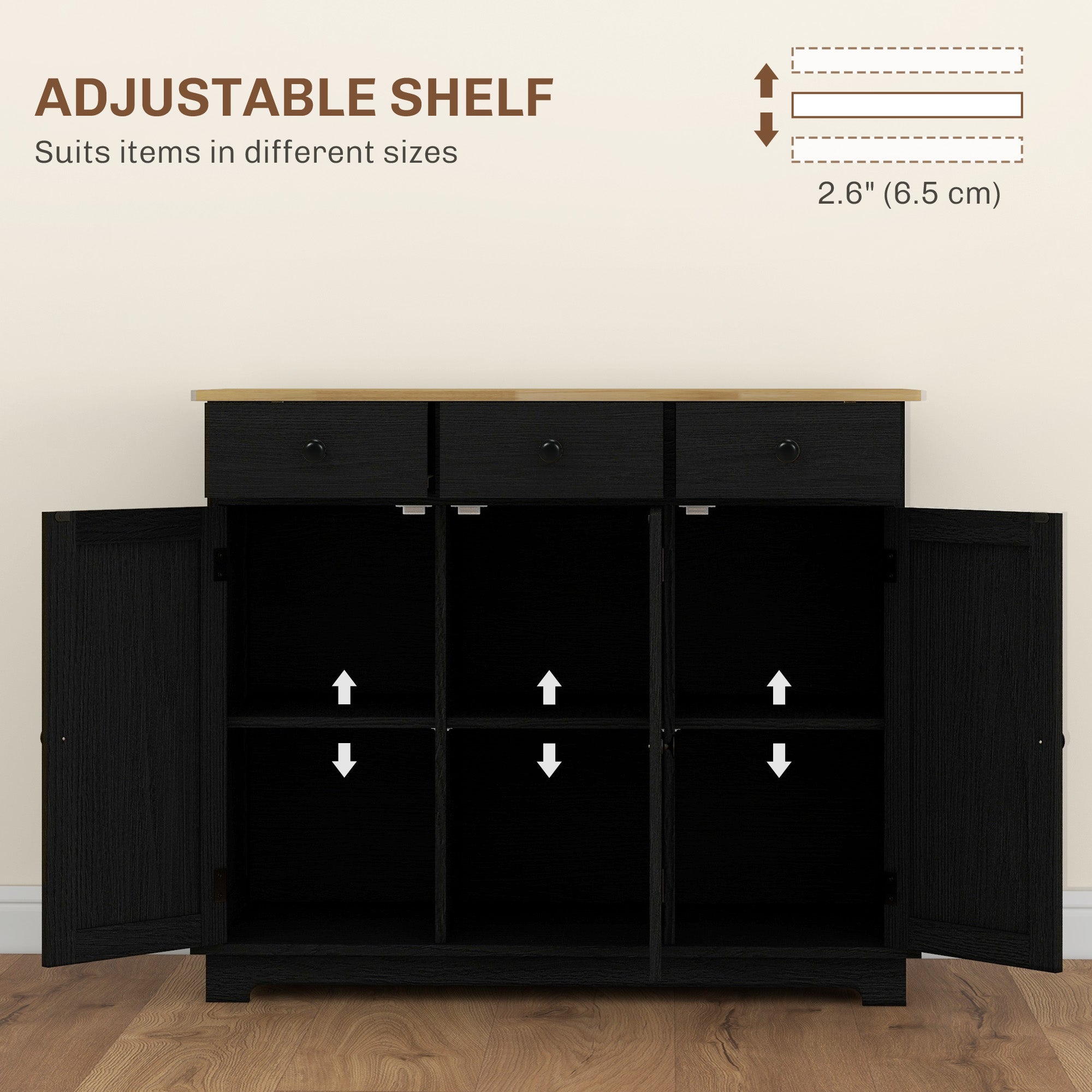 Sideboard Floor Cupboard, Solid Wood Top, Adjustable Shelf & 3 Drawers, Black Wood Grain - HOMCOM