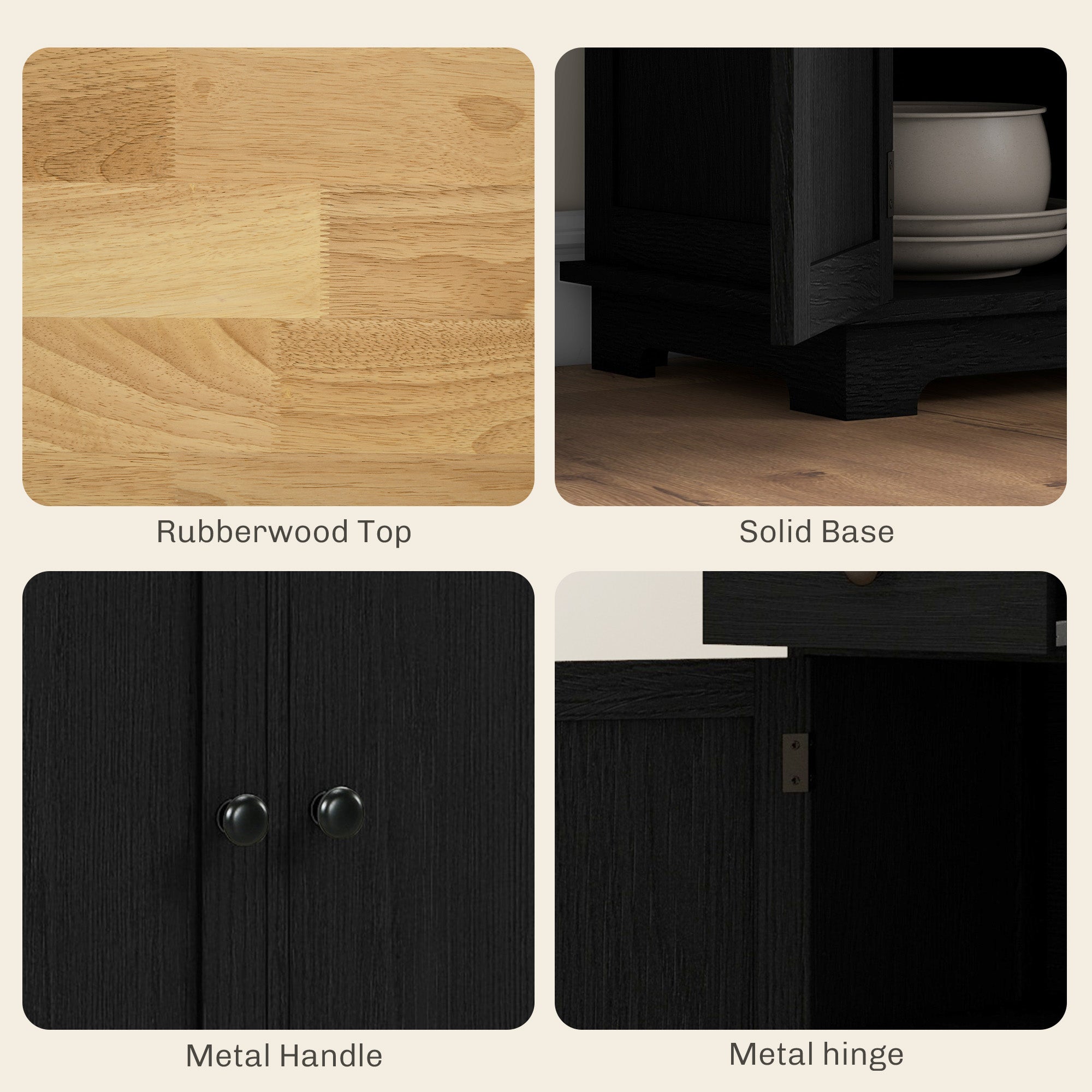 Sideboard Floor Cupboard, Solid Wood Top, Adjustable Shelf & 3 Drawers, Black Wood Grain - HOMCOM
