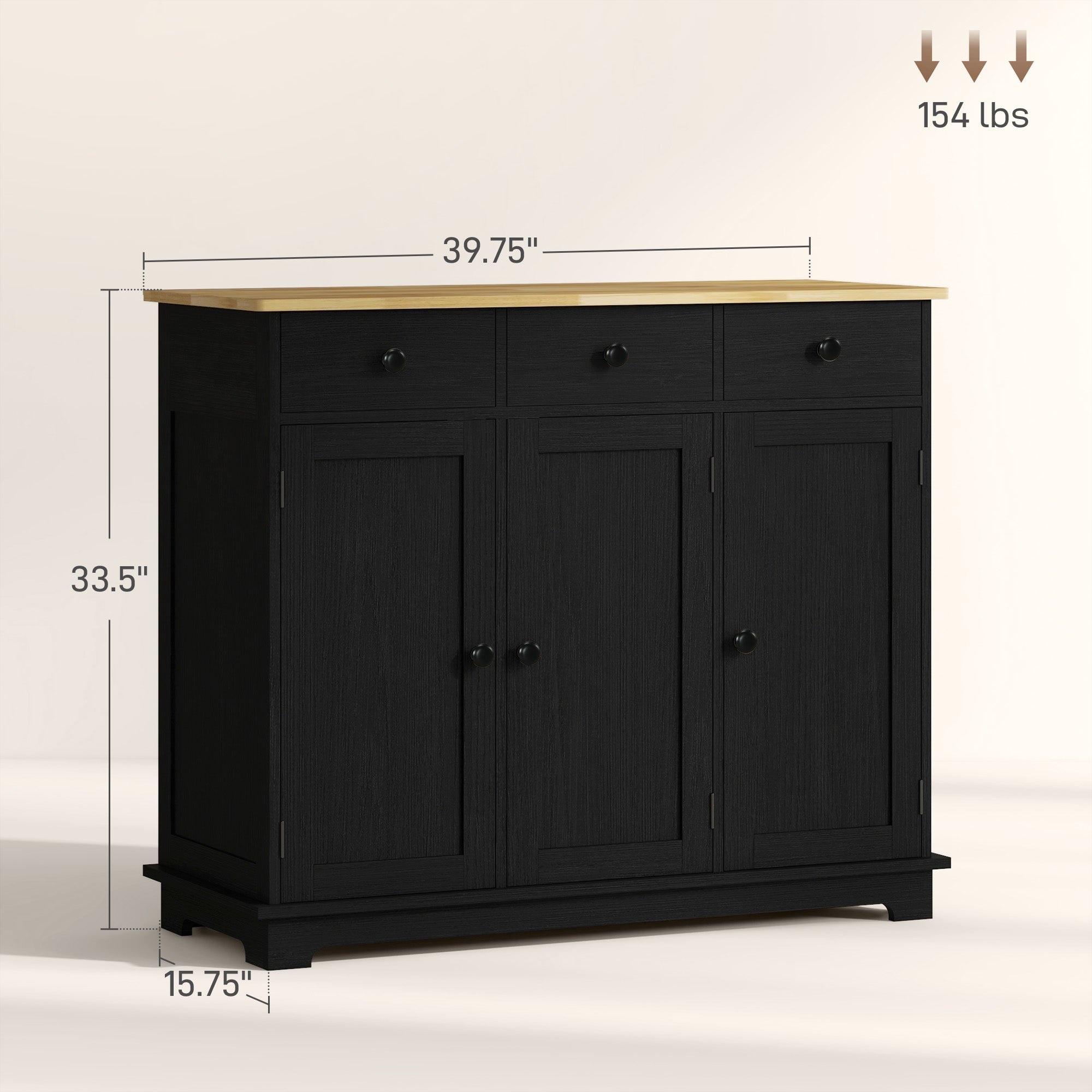 Sideboard Floor Cupboard, Solid Wood Top, Adjustable Shelf & 3 Drawers, Black Wood Grain - HOMCOM