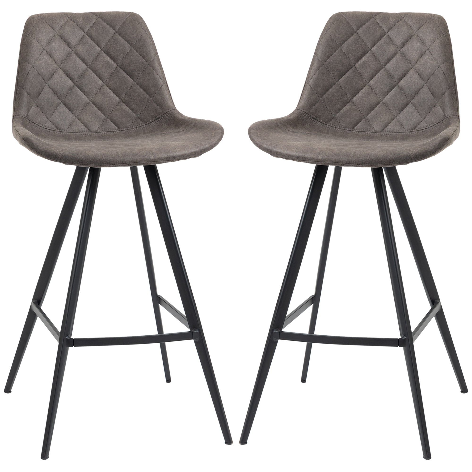 HOMCOM Set Of 2 Bar Stools Vintage Microfiber Cloth Tub Seats Padded Comfortable Steel Frame Footrest Quilted Home Bar Cafe Kitchen Chair Stylish Dark Grey