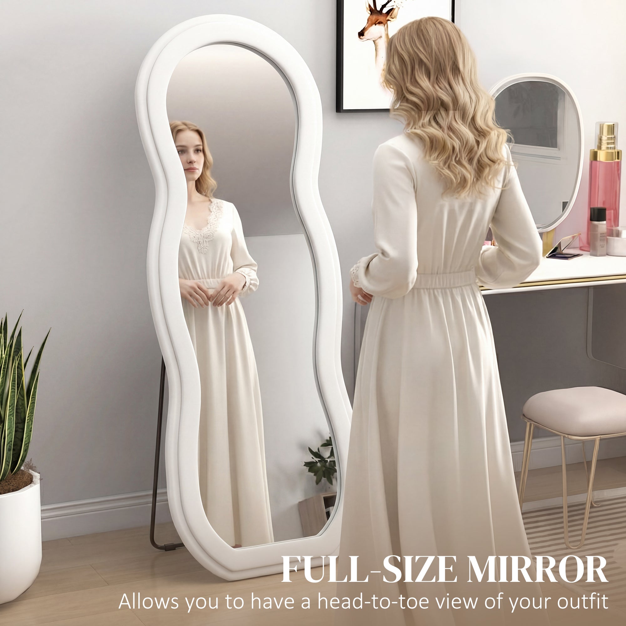 64" x 24" Full Length Mirror, Standing Floor Mirror Hanging or Wall Mount, with Arched Wavy Velvet Frame for Bedroom, Living Room, White