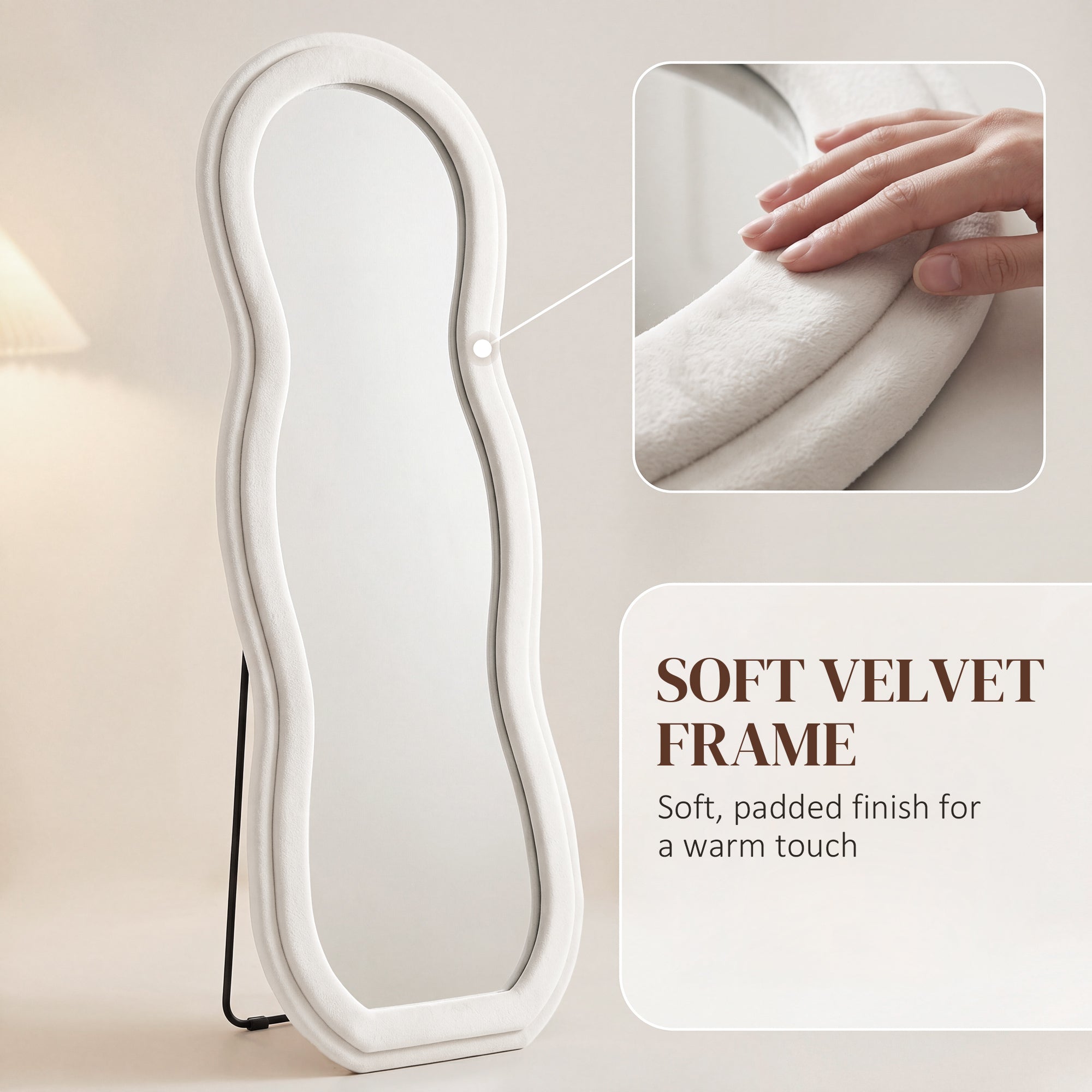 64" x 24" Full Length Mirror, Standing Floor Mirror Hanging or Wall Mount, with Arched Wavy Velvet Frame for Bedroom, Living Room, White