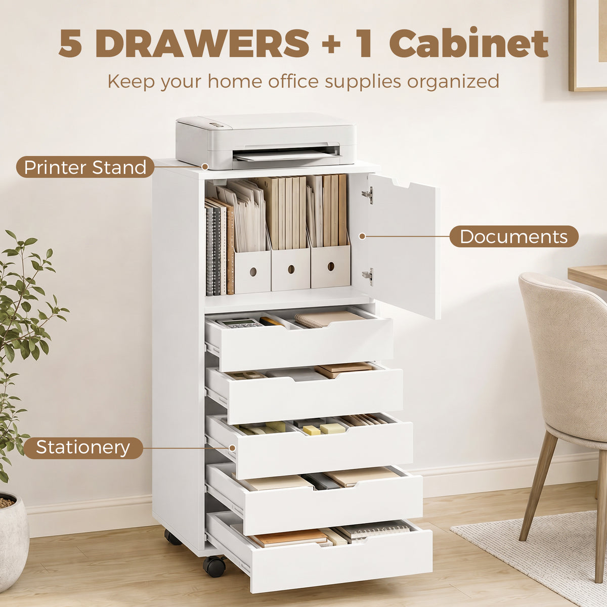 5 Drawer Vertical File Cabinet with Lockable Wheels and Soft-Close Cabinet, Mobile Filing Cabinet for Home Office, Rolling Printer Stand for A4 Letter-Size Documents, White