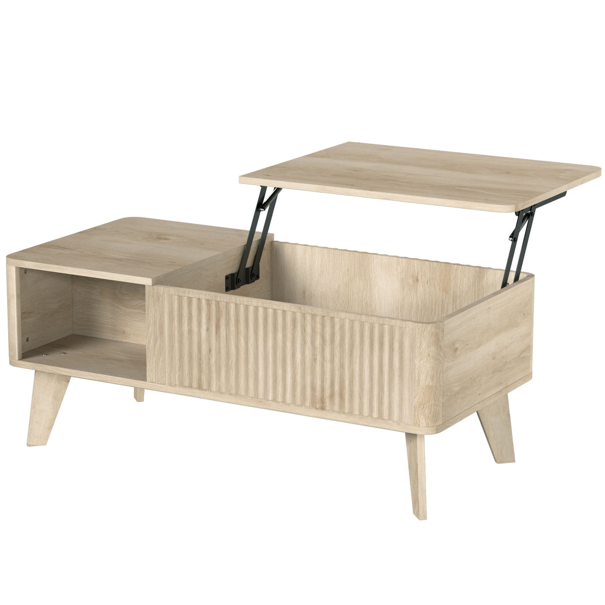 40" Fluted Lift Top Coffee Table with Storage, Mid-Century Modern Coffee Table with Hidden Compartment, Open Shelf and Rounded Corners for Living Room, Oak