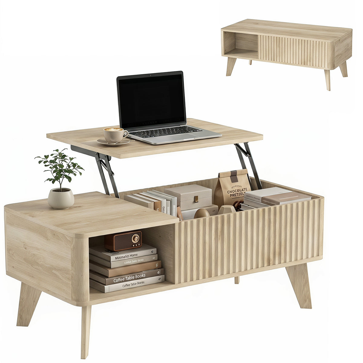 40" Fluted Lift Top Coffee Table with Storage, Mid-Century Modern Coffee Table with Hidden Compartment, Open Shelf and Rounded Corners for Living Room, Oak