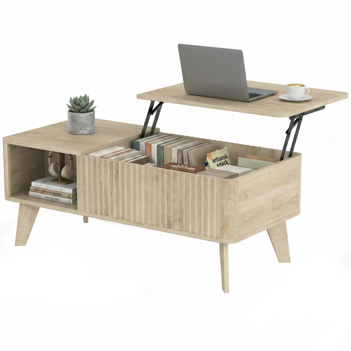 40" Fluted Lift Top Coffee Table with Storage, Mid-Century Modern Coffee Table with Hidden Compartment, Open Shelf and Rounded Corners for Living Room, Oak