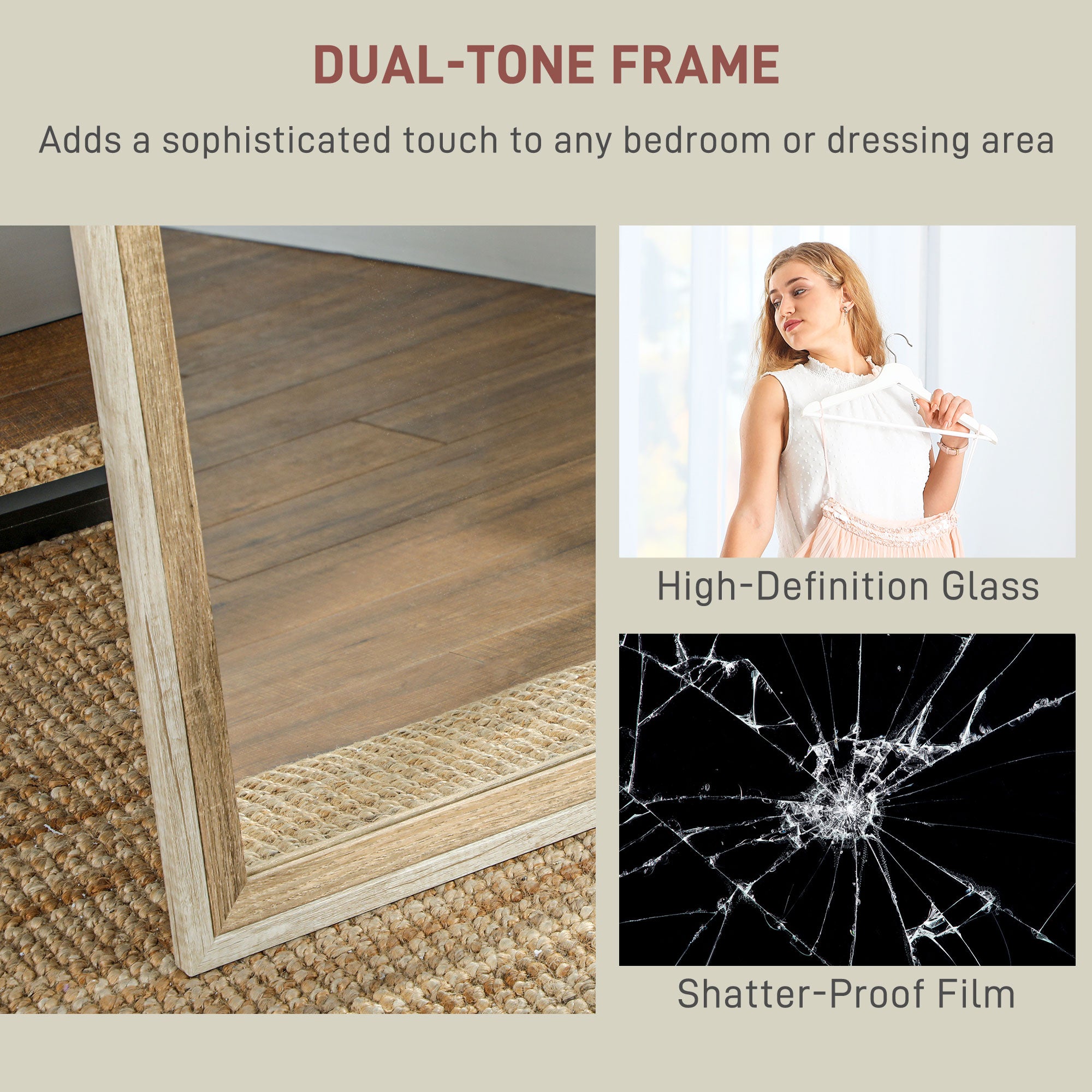 HOMCOM Full Length Mirror, 64" x 21" Full Body Mirror with Frame, Free Standing, Leaning or Wall Mirror for Bedroom, Living Room, Dark Wood Grain