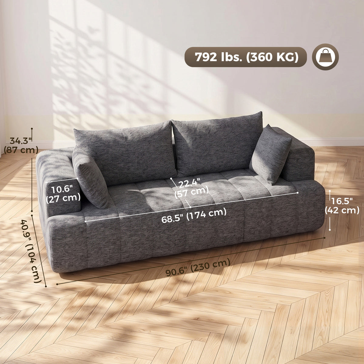 3 Seater Sofa, Chenille Boneless Cloud Couch with Thick Spring Cushion, Wide and Deep Seat, Wide Armrests, 2 Pillows, Anti-Slip Bottom, Modern Sofa Settee for Living Room, Grey