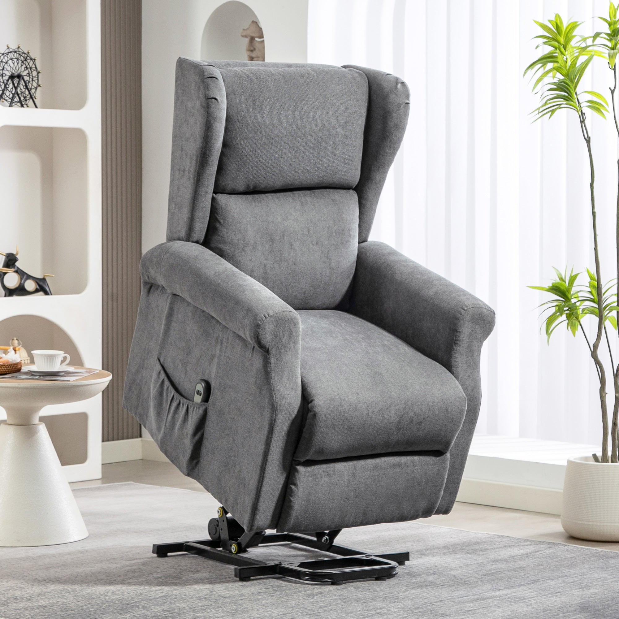 Power Lift Recliner Armchair, Electric Lift Chair for Elderly, Fabric Riser and Reclining Chair with Remote Control, Side Pockets, Extended Footrest, for Living Room, Charcoal Grey