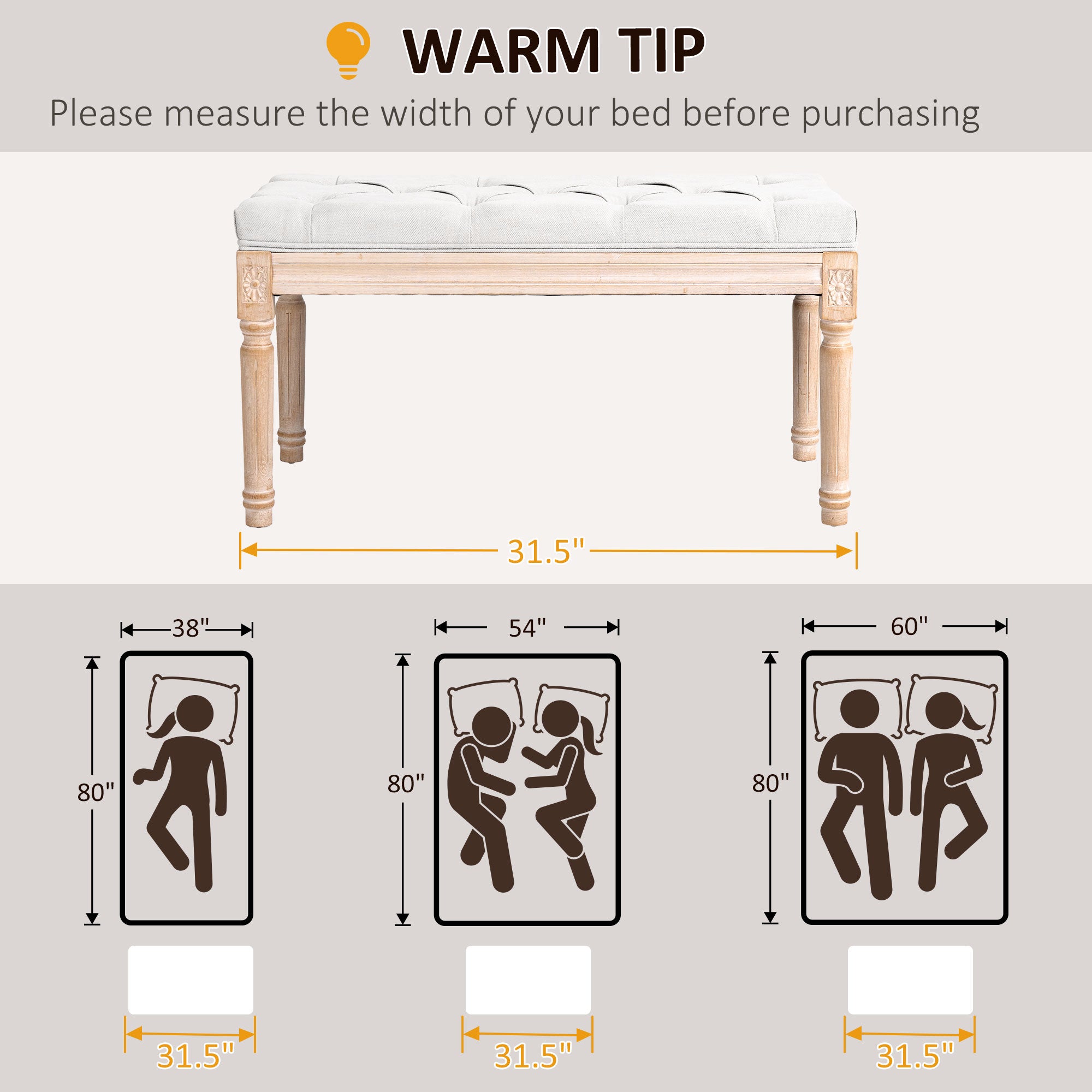 32" Linen Upholstered Bedroom Bench with Thick Padded Cushion and Wooden Legs, Cream White