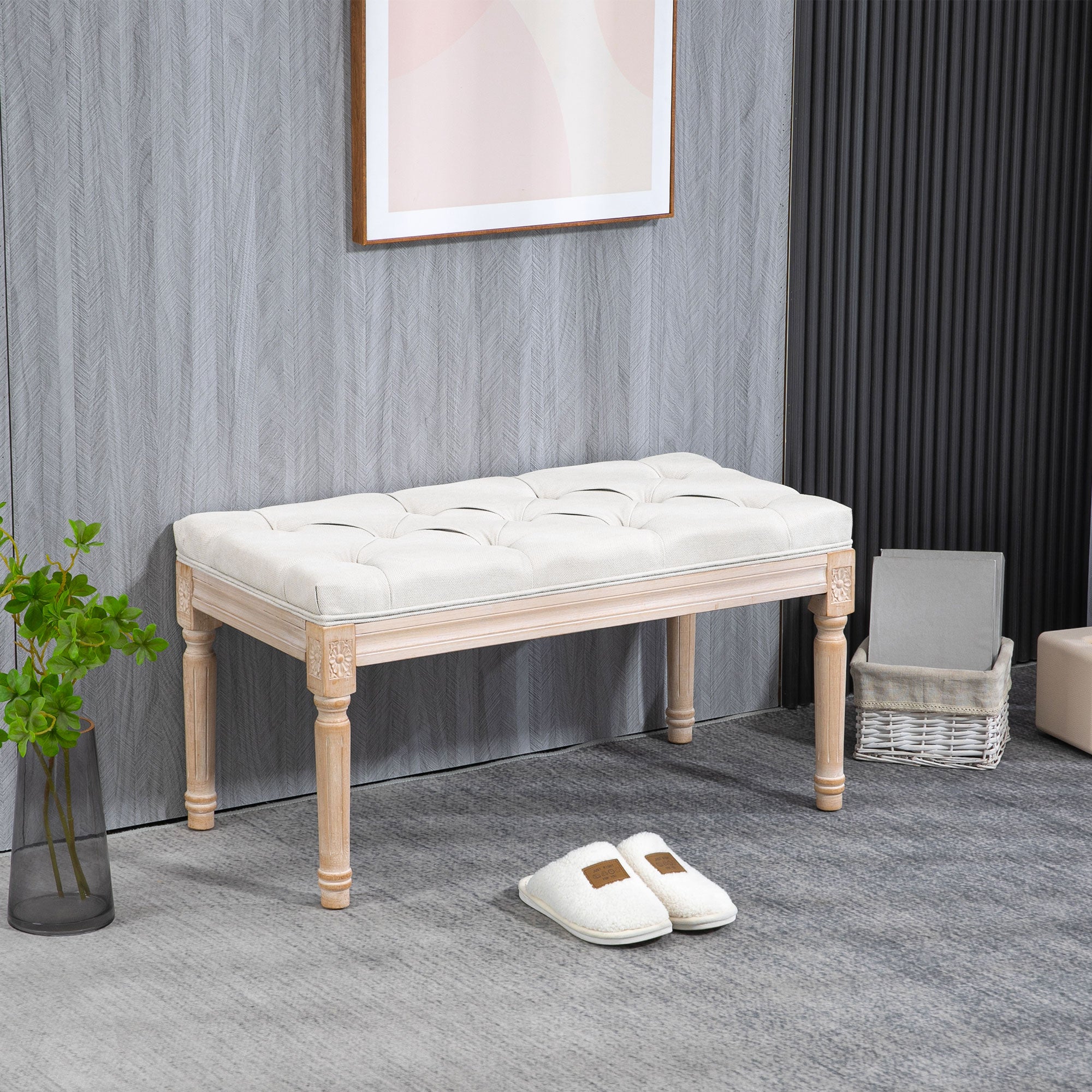 32" Linen Upholstered Bedroom Bench with Thick Padded Cushion and Wooden Legs, Cream White